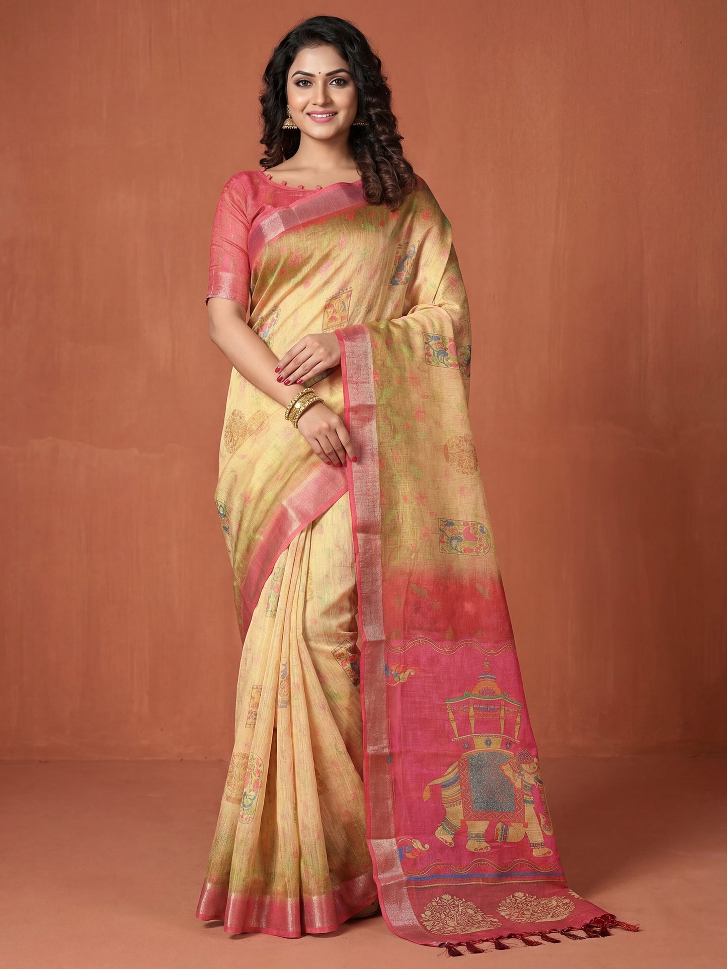 Women's Cotton Silk Yellow Digital Print Designer Saree With Blouse Piece