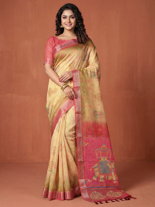Women's Cotton Silk Yellow Digital Print Designer Saree With Blouse Piece