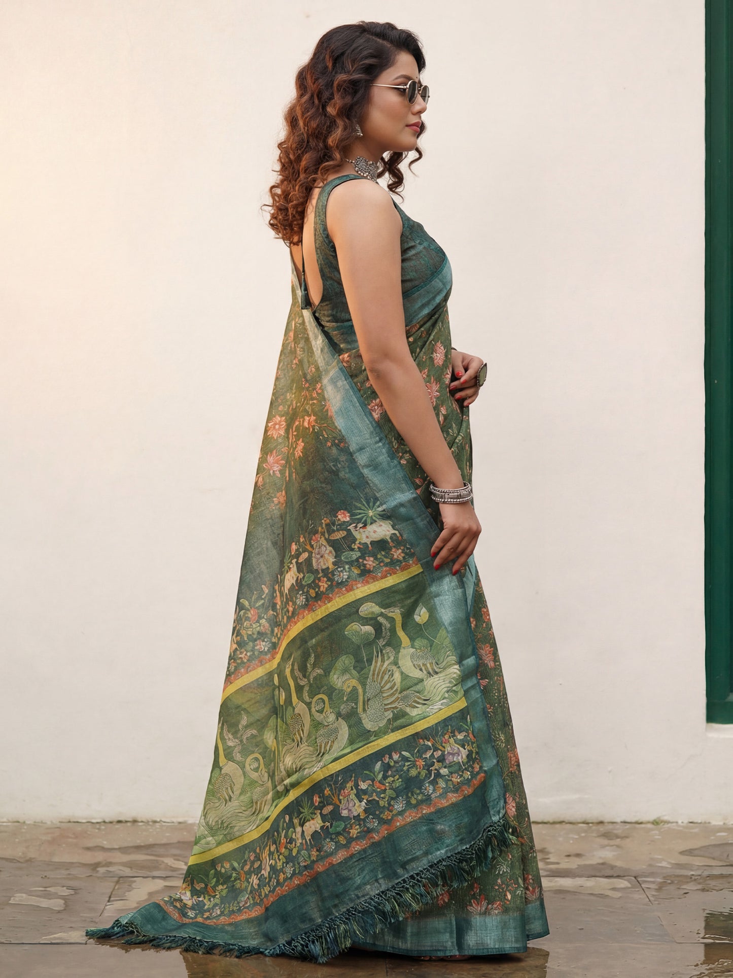 Women's Cotton Silk Sea Green Digital Print Designer Saree With Blouse Piece
