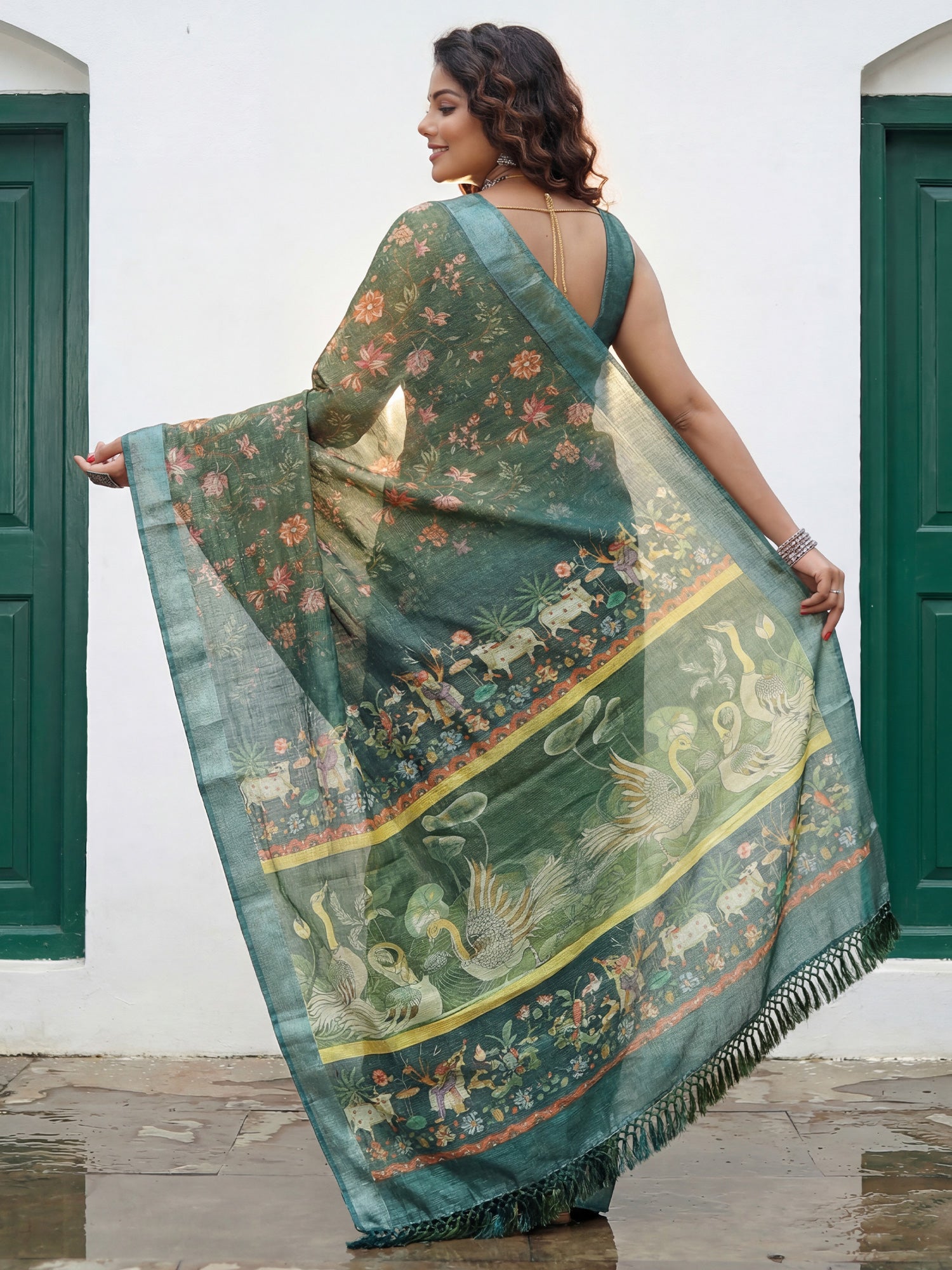 Women's Cotton Silk Sea Green Digital Print Designer Saree With Blouse Piece