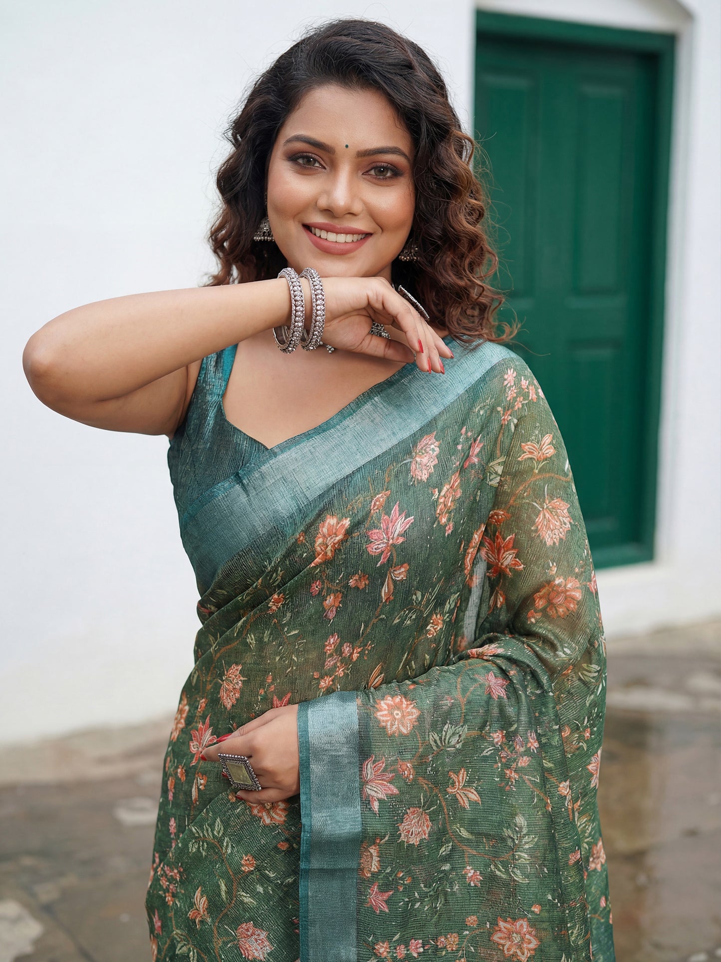 Women's Cotton Silk Sea Green Digital Print Designer Saree With Blouse Piece