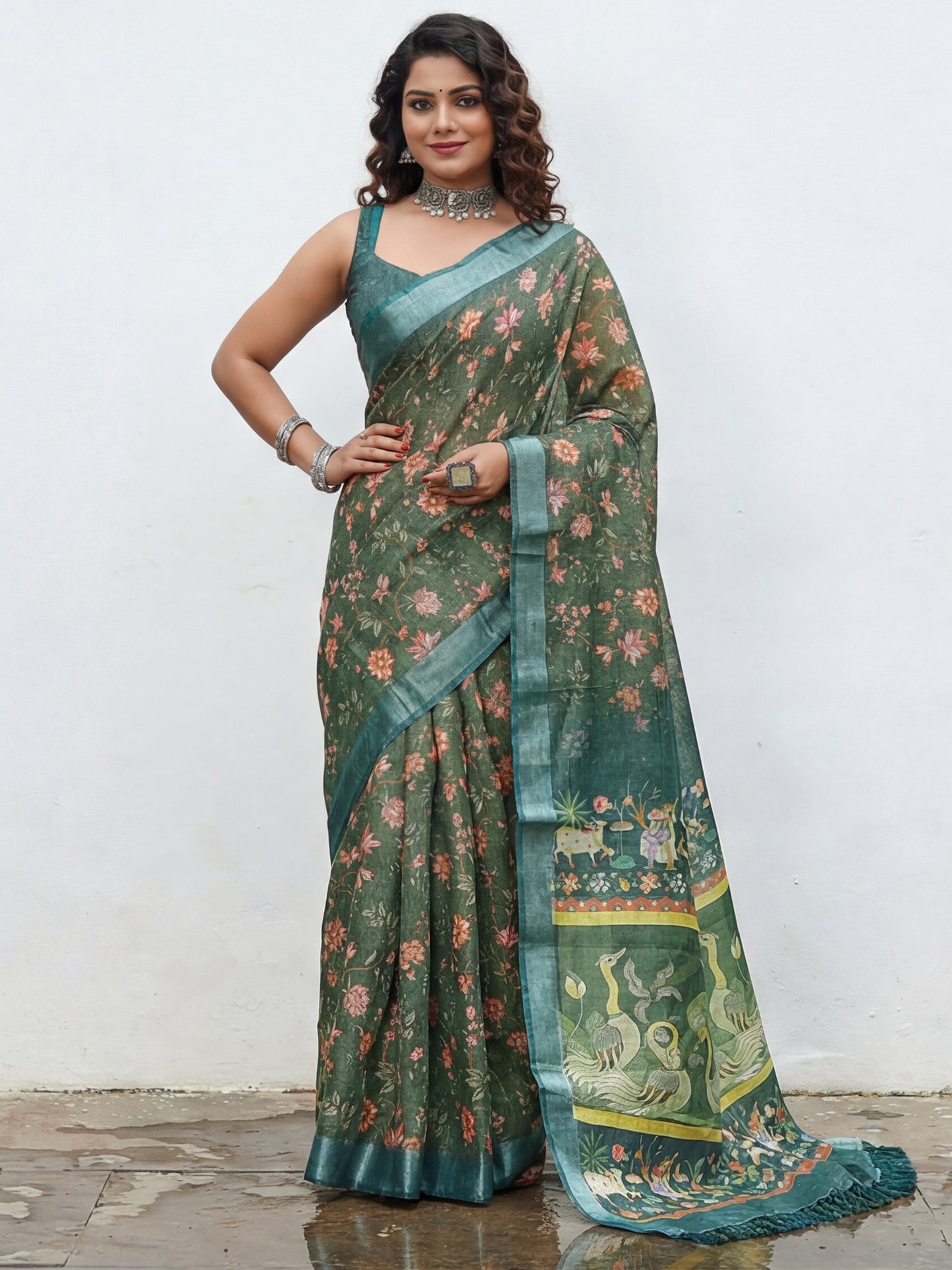 Women's Cotton Silk Sea Green Digital Print Designer Saree With Blouse Piece