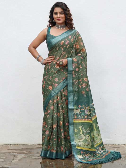 Women's Cotton Silk Sea Green Digital Print Designer Saree With Blouse Piece