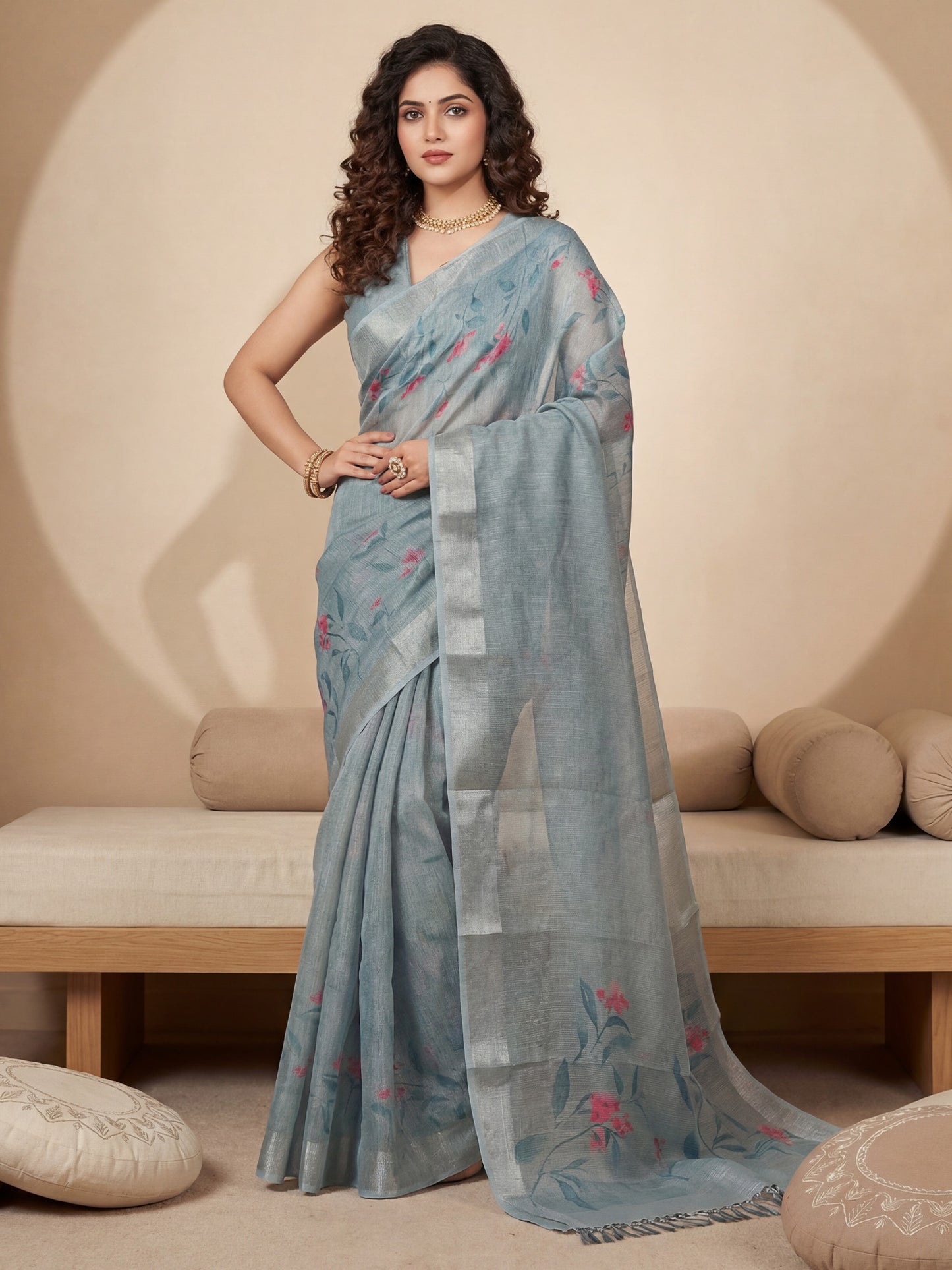 Women's Cotton Silk Grey Digital Print Designer Saree With Blouse Piece