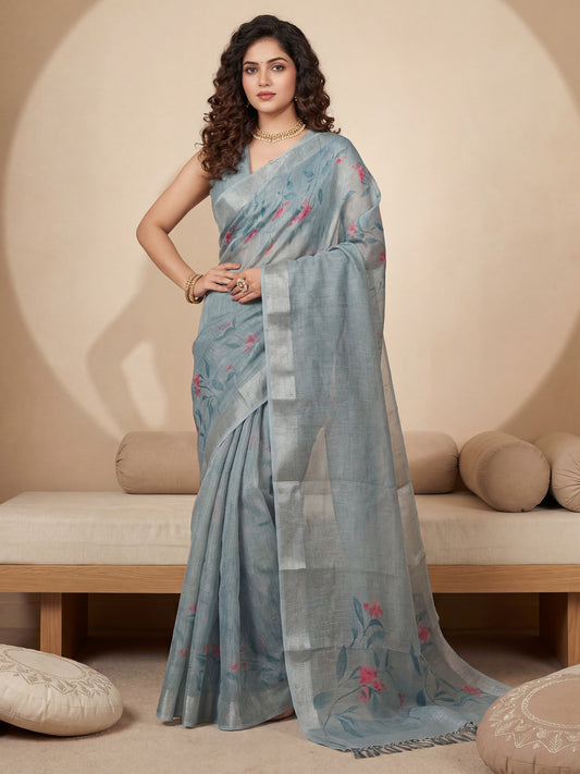 Women's Cotton Silk Grey Digital Print Designer Saree With Blouse Piece