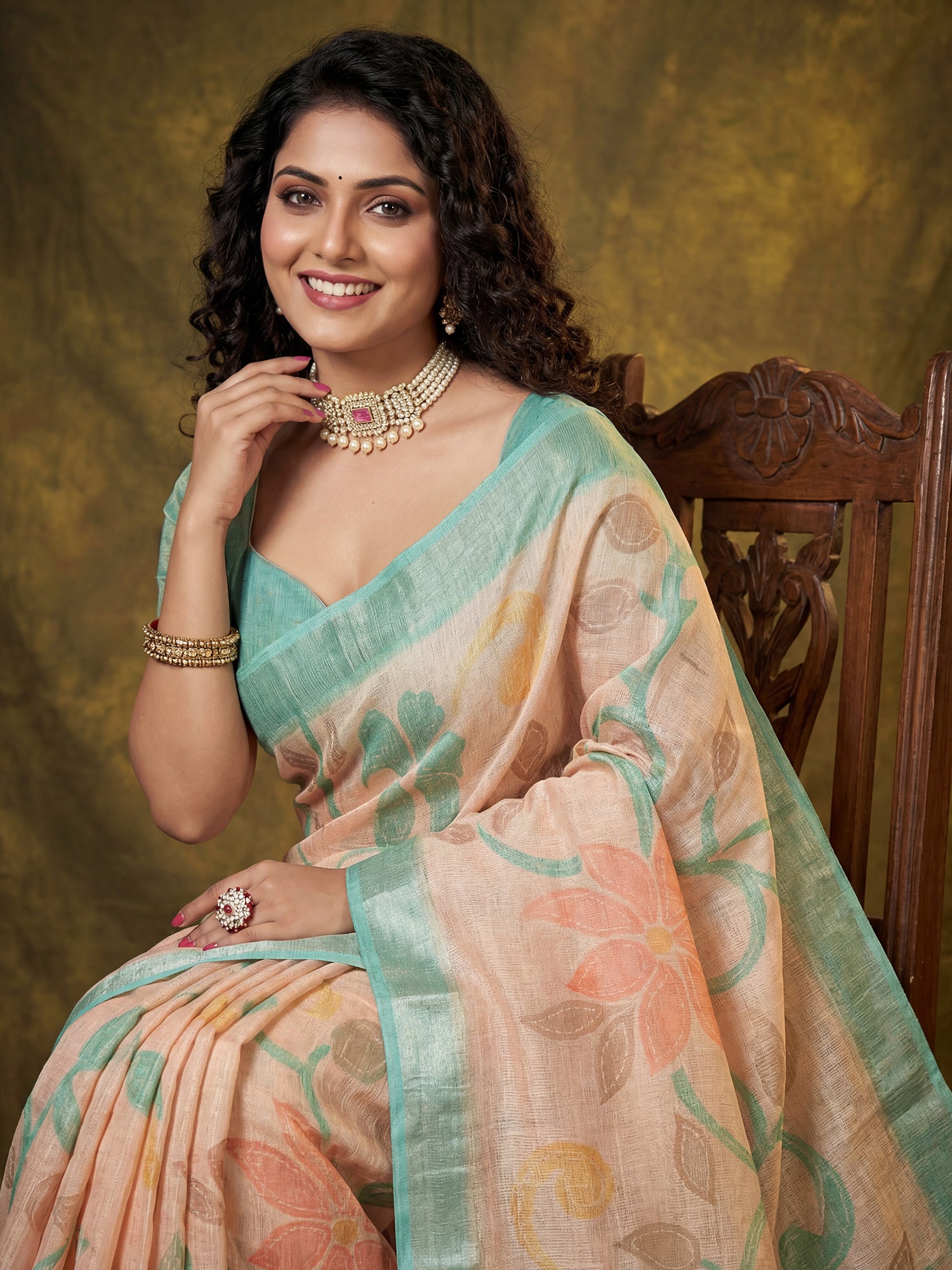 Women's Cotton Silk Peach Digital Print Designer Saree With Blouse Piece