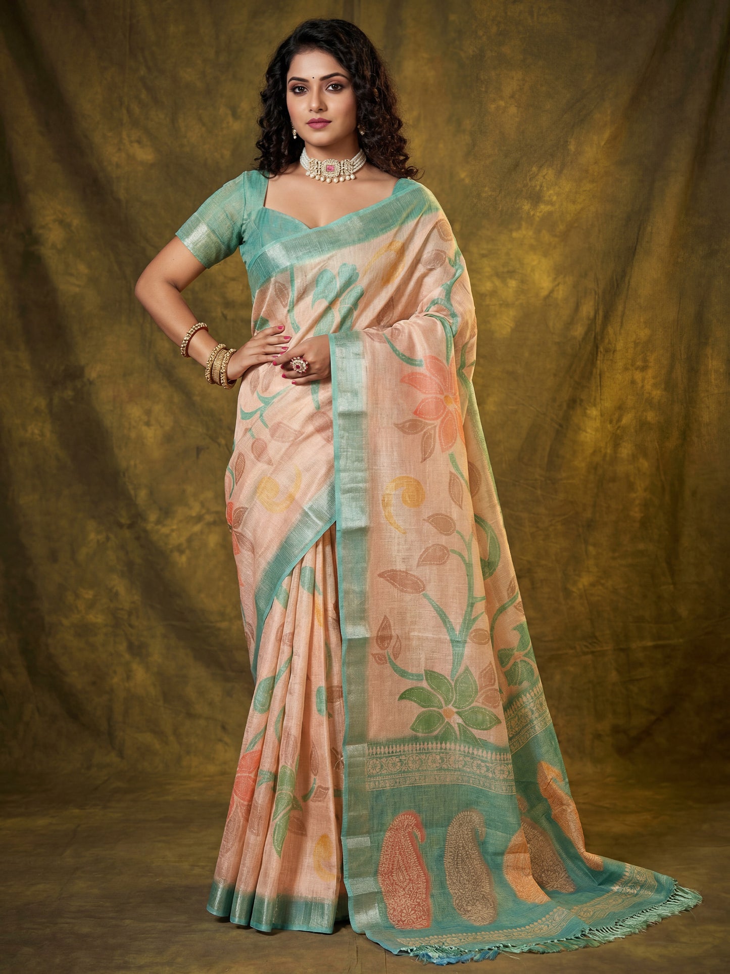 Women's Cotton Silk Peach Digital Print Designer Saree With Blouse Piece