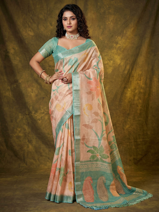 Women's Cotton Silk Peach Digital Print Designer Saree With Blouse Piece