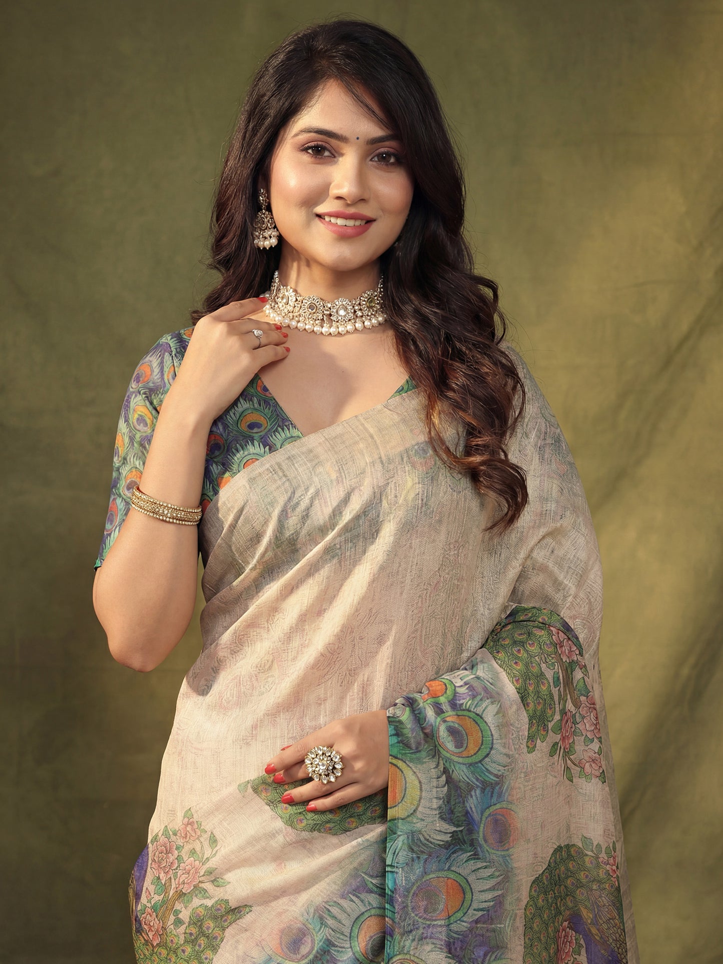 Women's Cotton Silk Beige Digital Print Designer Saree With Blouse Piece