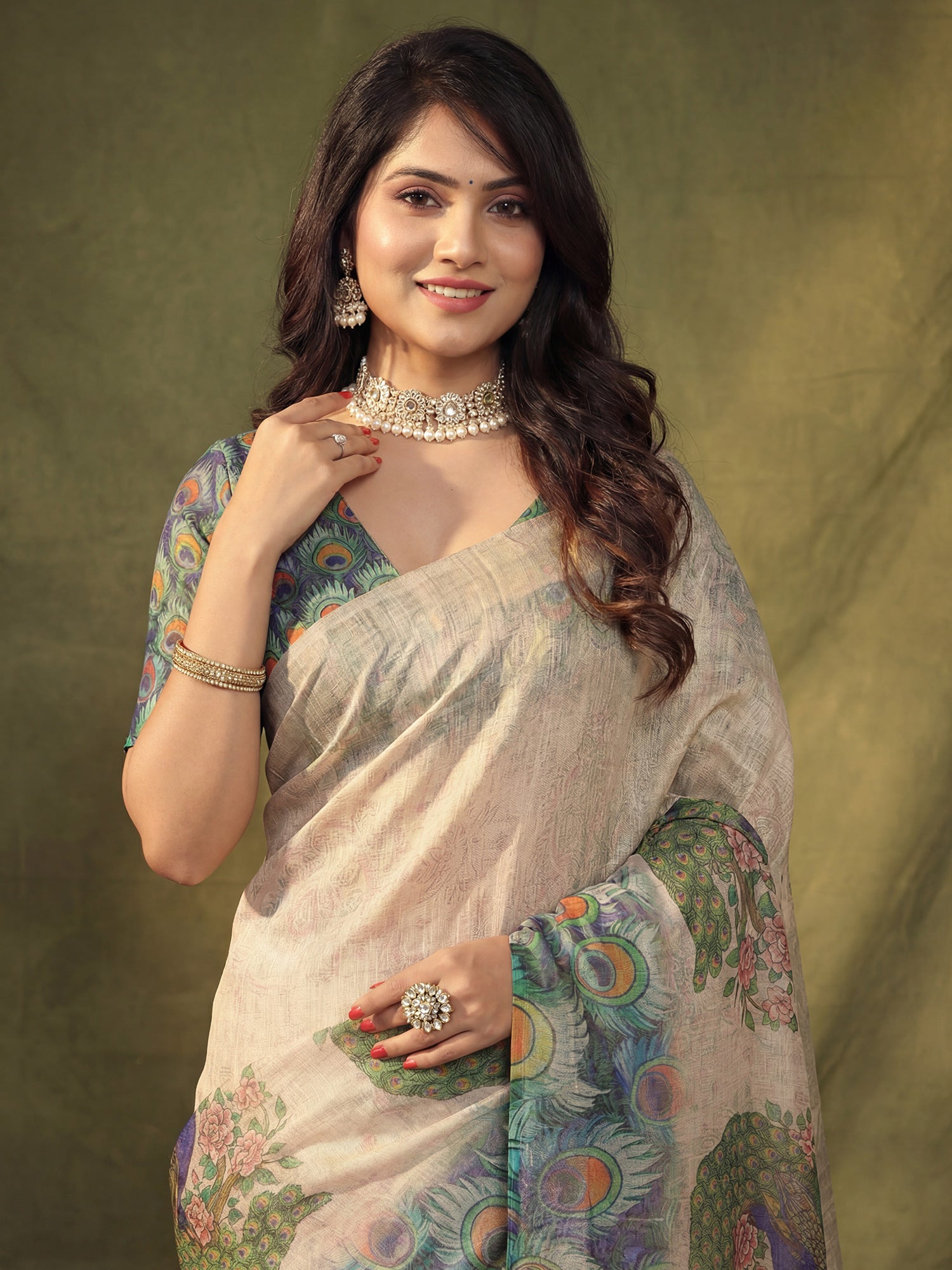 Women's Cotton Silk Beige Digital Print Designer Saree With Blouse Piece
