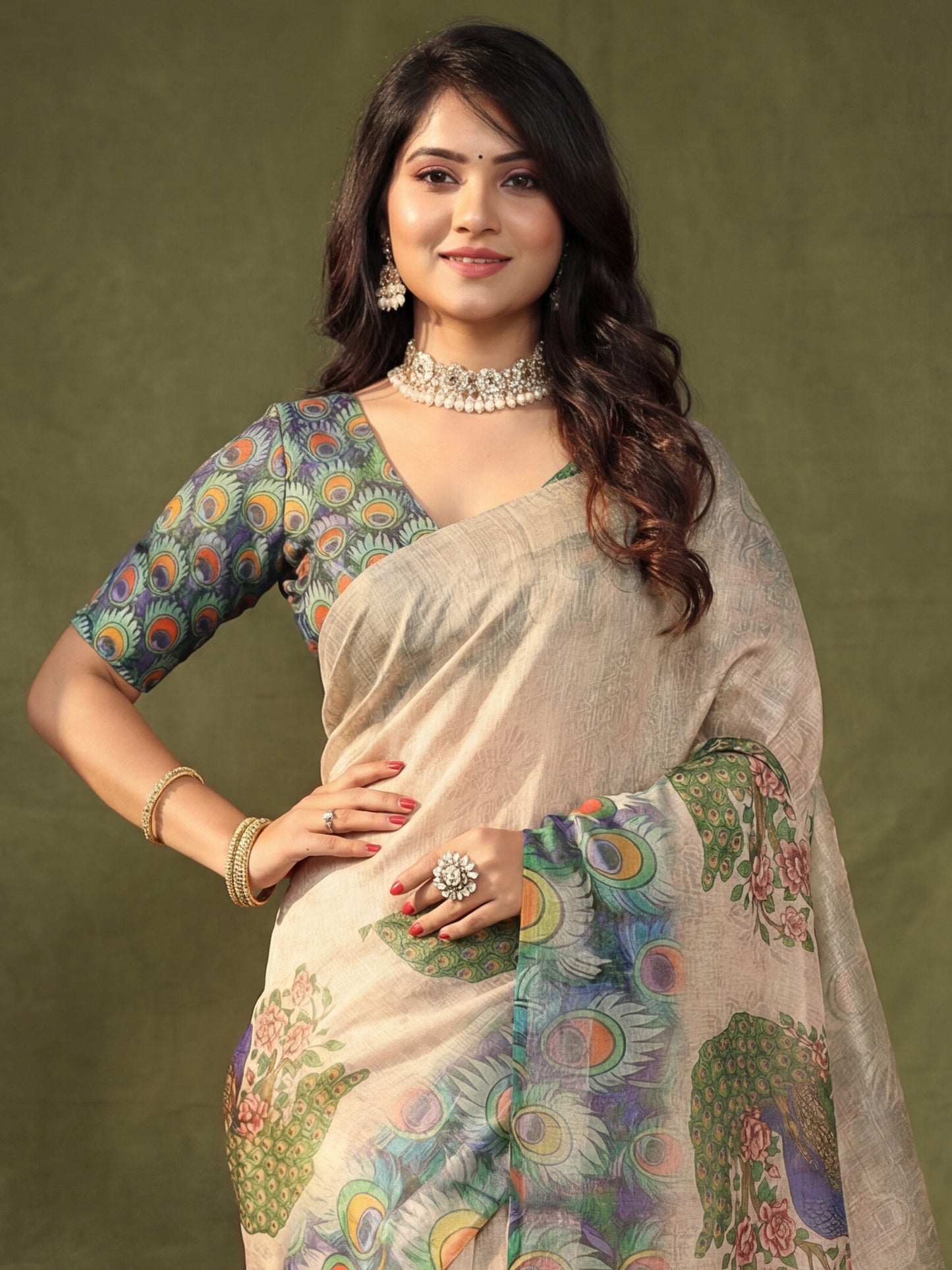 Women's Cotton Silk Beige Digital Print Designer Saree With Blouse Piece