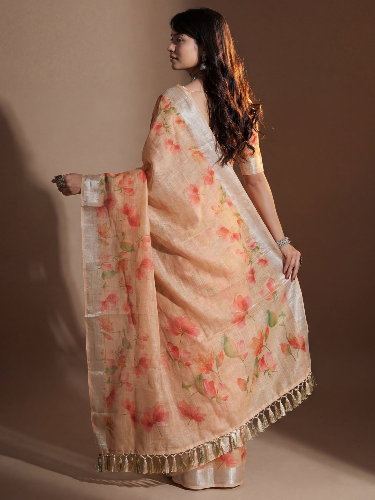Women's Cotton Silk Peach Digital Print Designer Saree With Blouse Piece