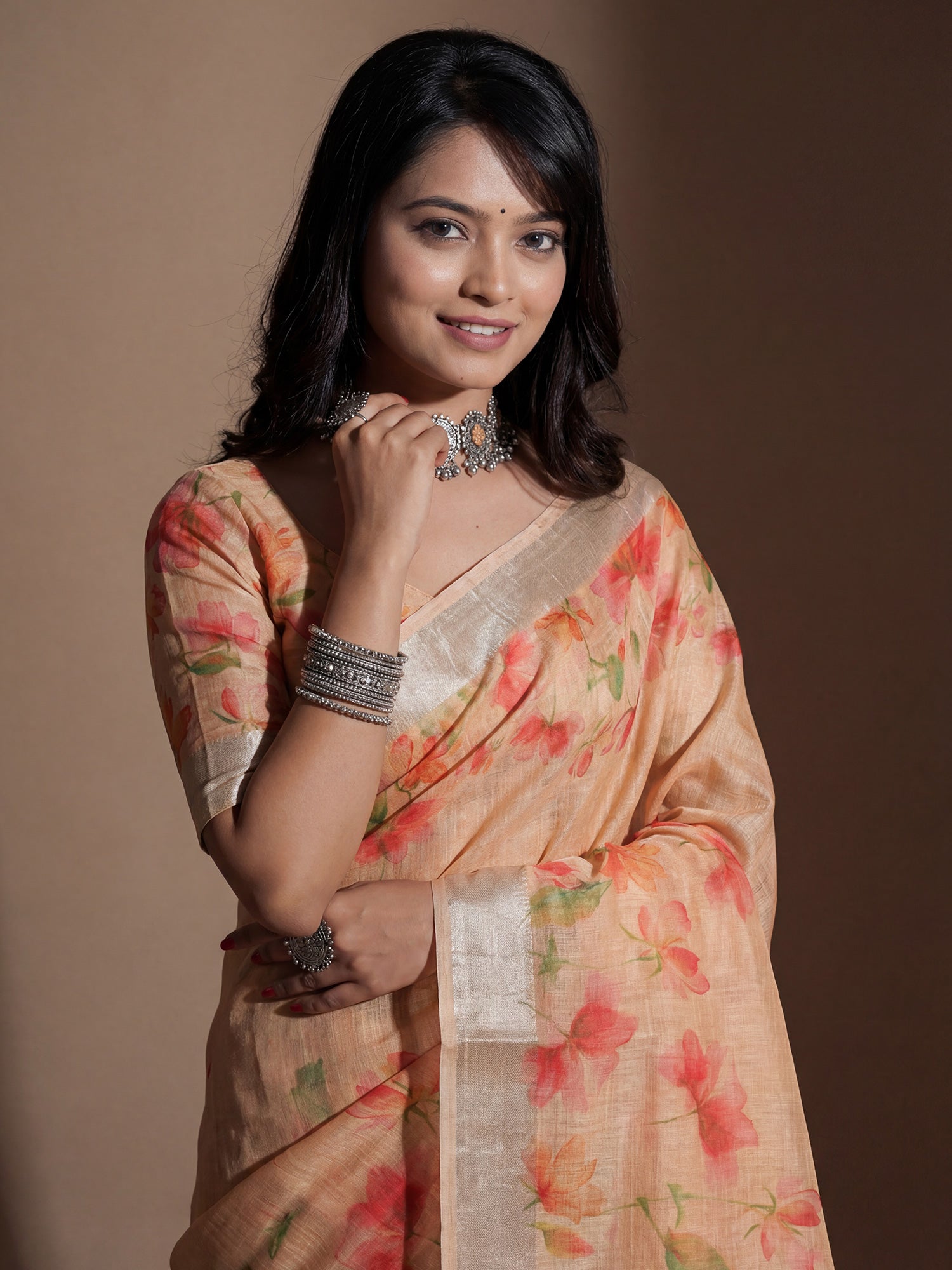 Women's Cotton Silk Peach Digital Print Designer Saree With Blouse Piece