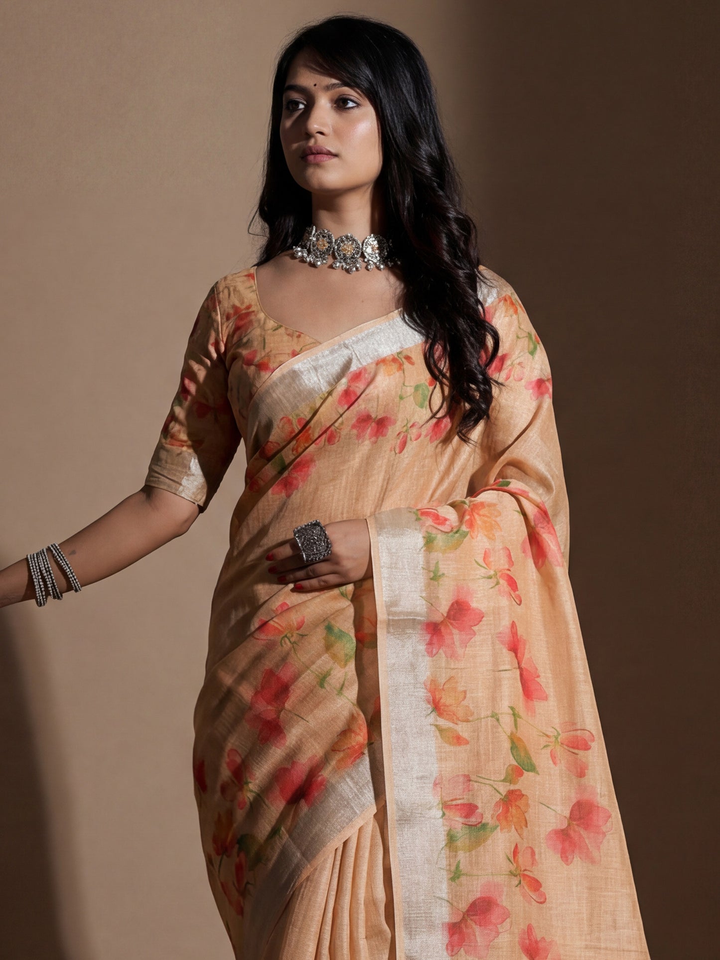 Women's Cotton Silk Peach Digital Print Designer Saree With Blouse Piece