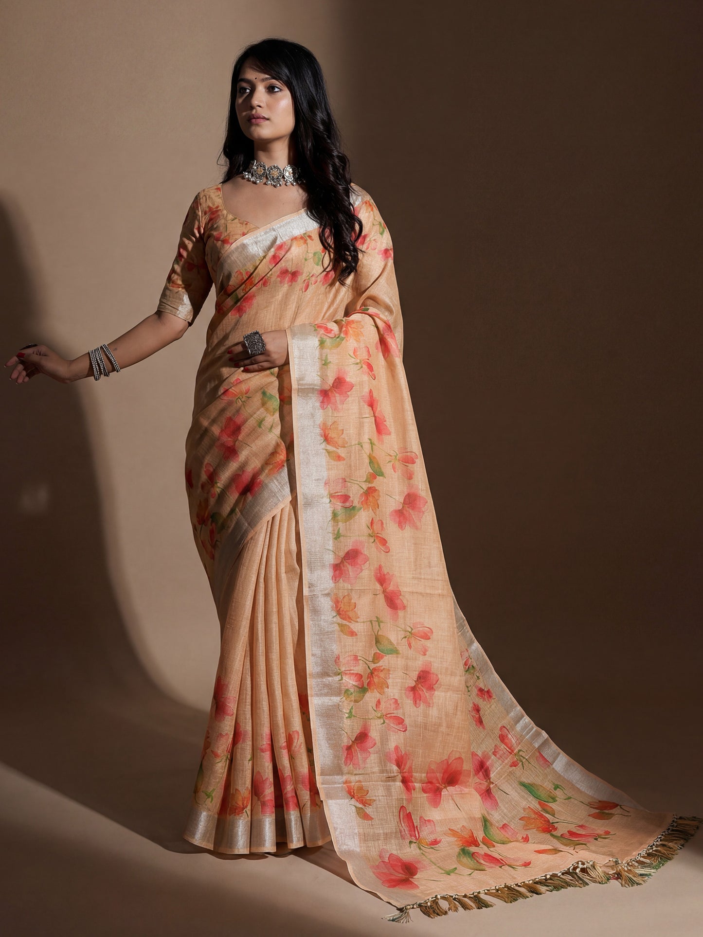 Women's Cotton Silk Peach Digital Print Designer Saree With Blouse Piece