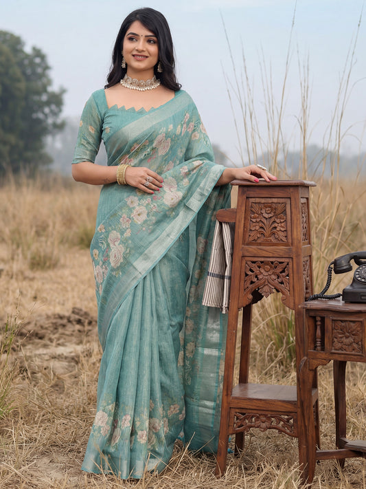 Women's Cotton Silk Light Blue Digital Print Designer Saree With Blouse Piece