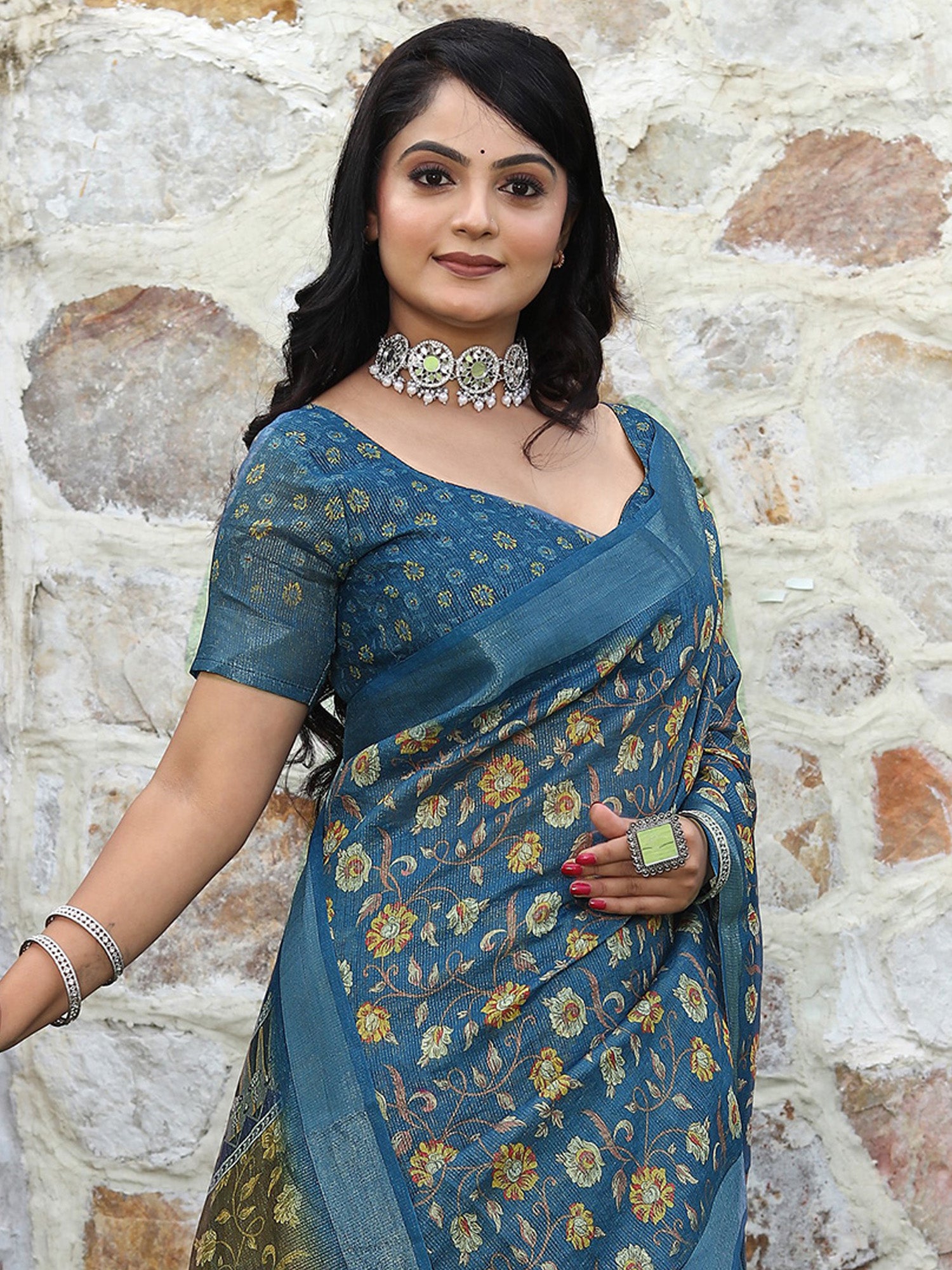 Women's Cotton Silk Teal blue Digital Print Designer Saree With Blouse Piece