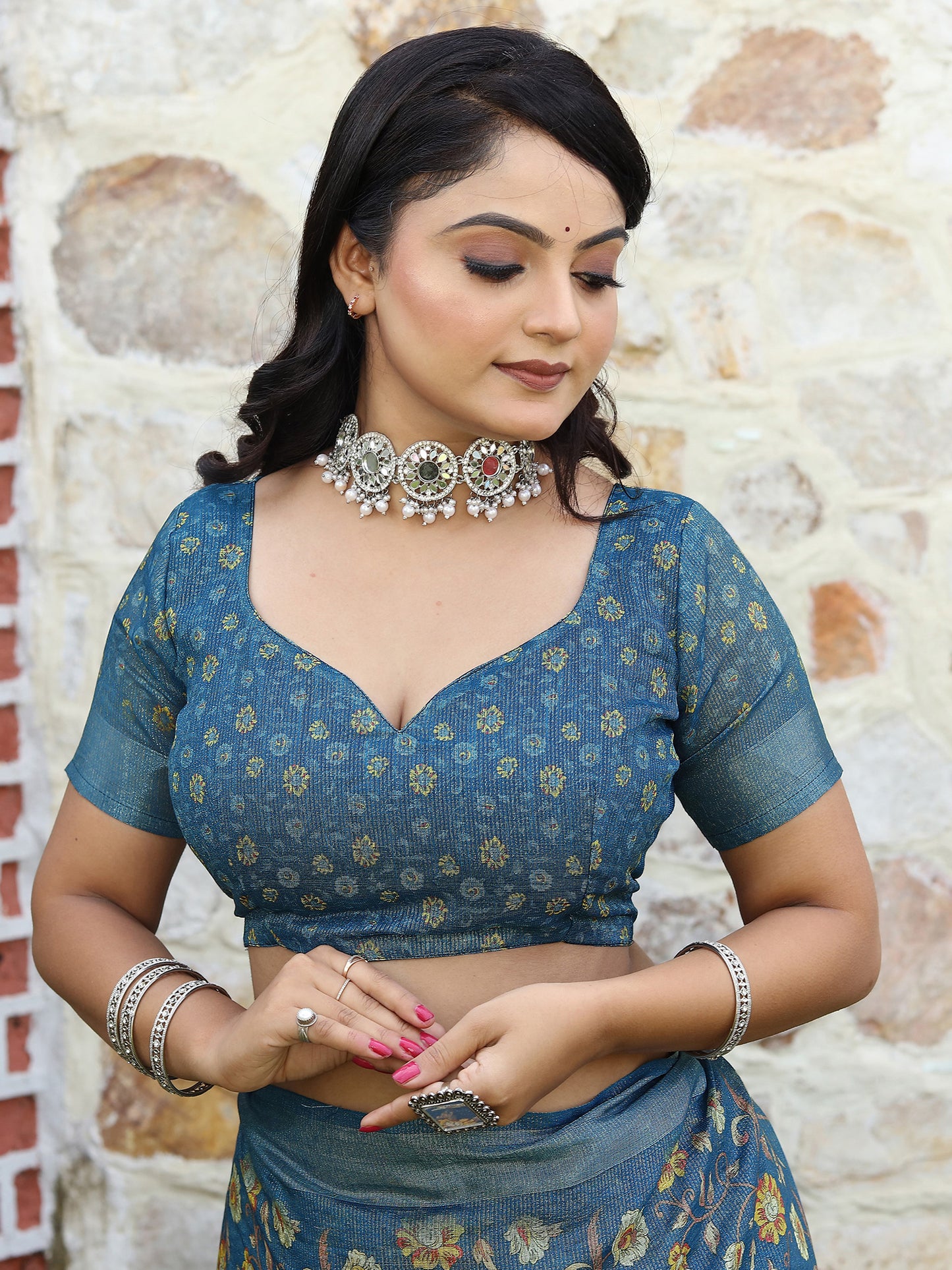 Women's Cotton Silk Teal blue Digital Print Designer Saree With Blouse Piece