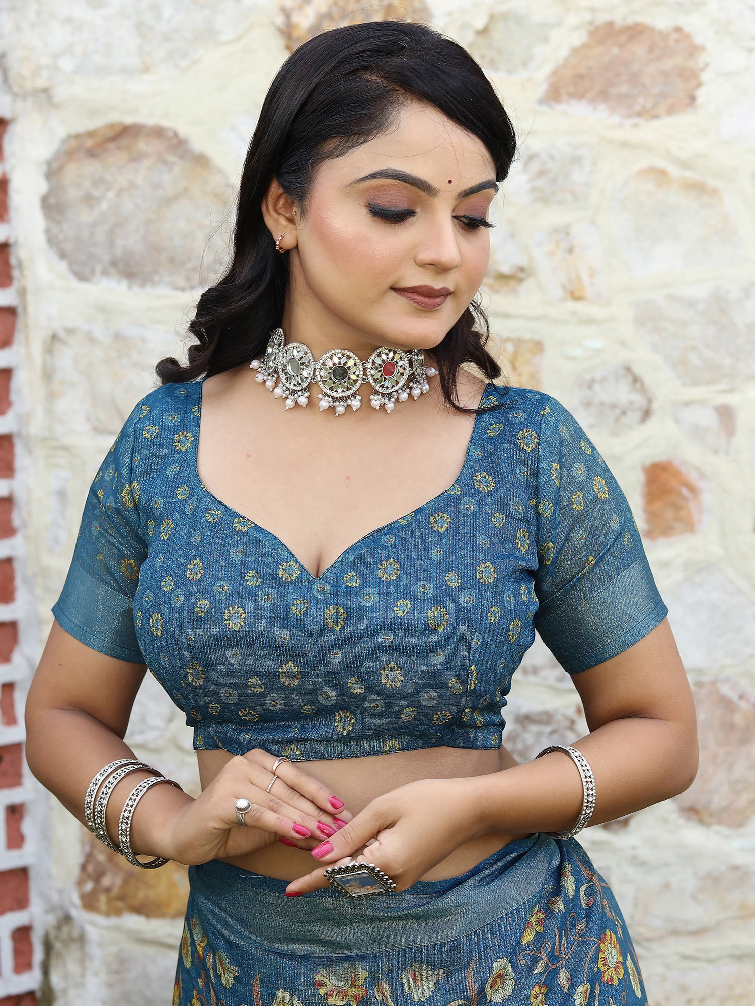 Women's Cotton Silk Teal blue Digital Print Designer Saree With Blouse Piece