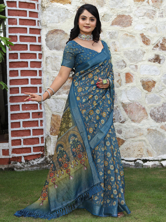 Women's Cotton Silk Teal blue Digital Print Designer Saree With Blouse Piece