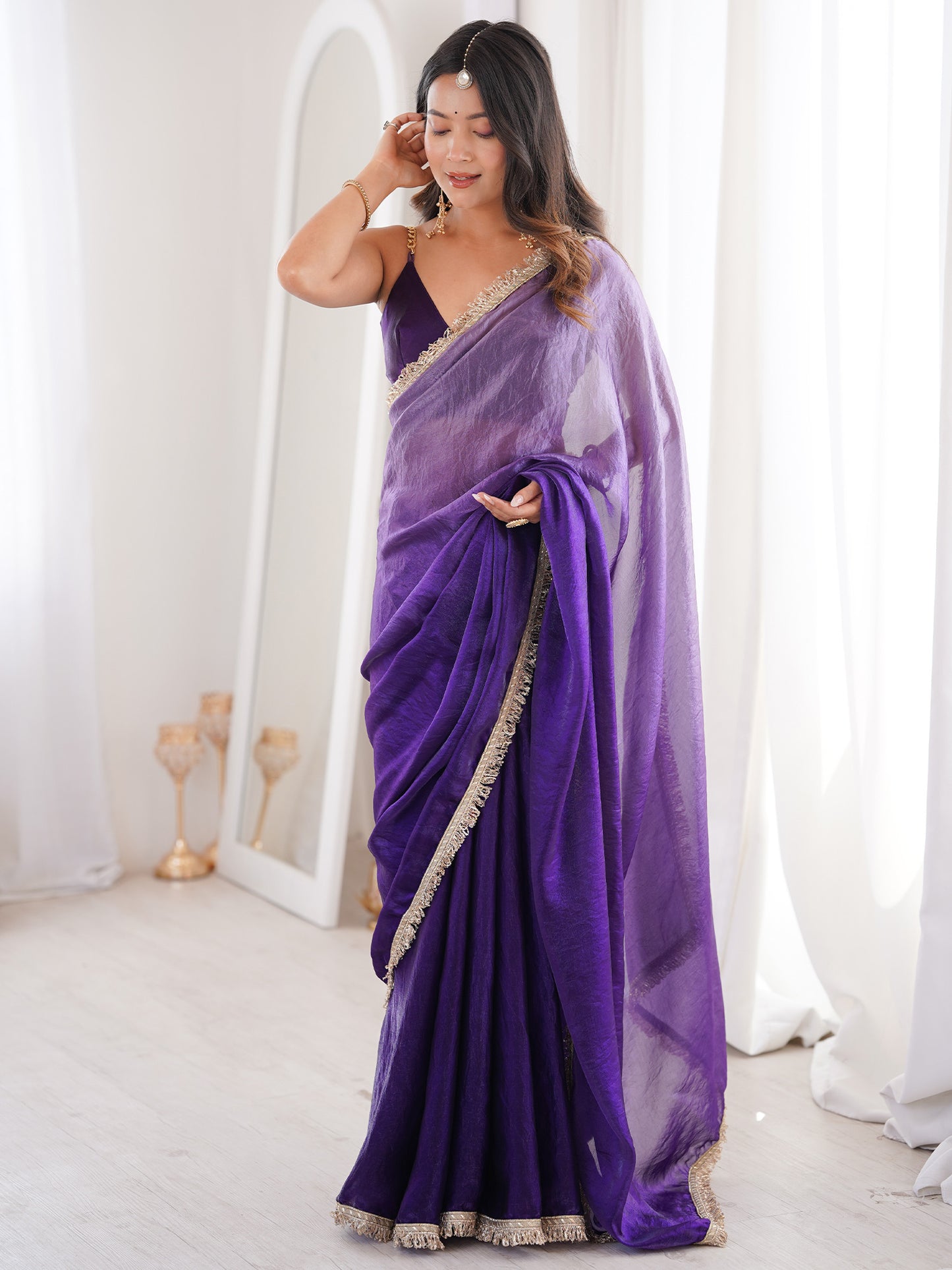 Women's Satin Purple Solid Designer Saree With Blouse Piece