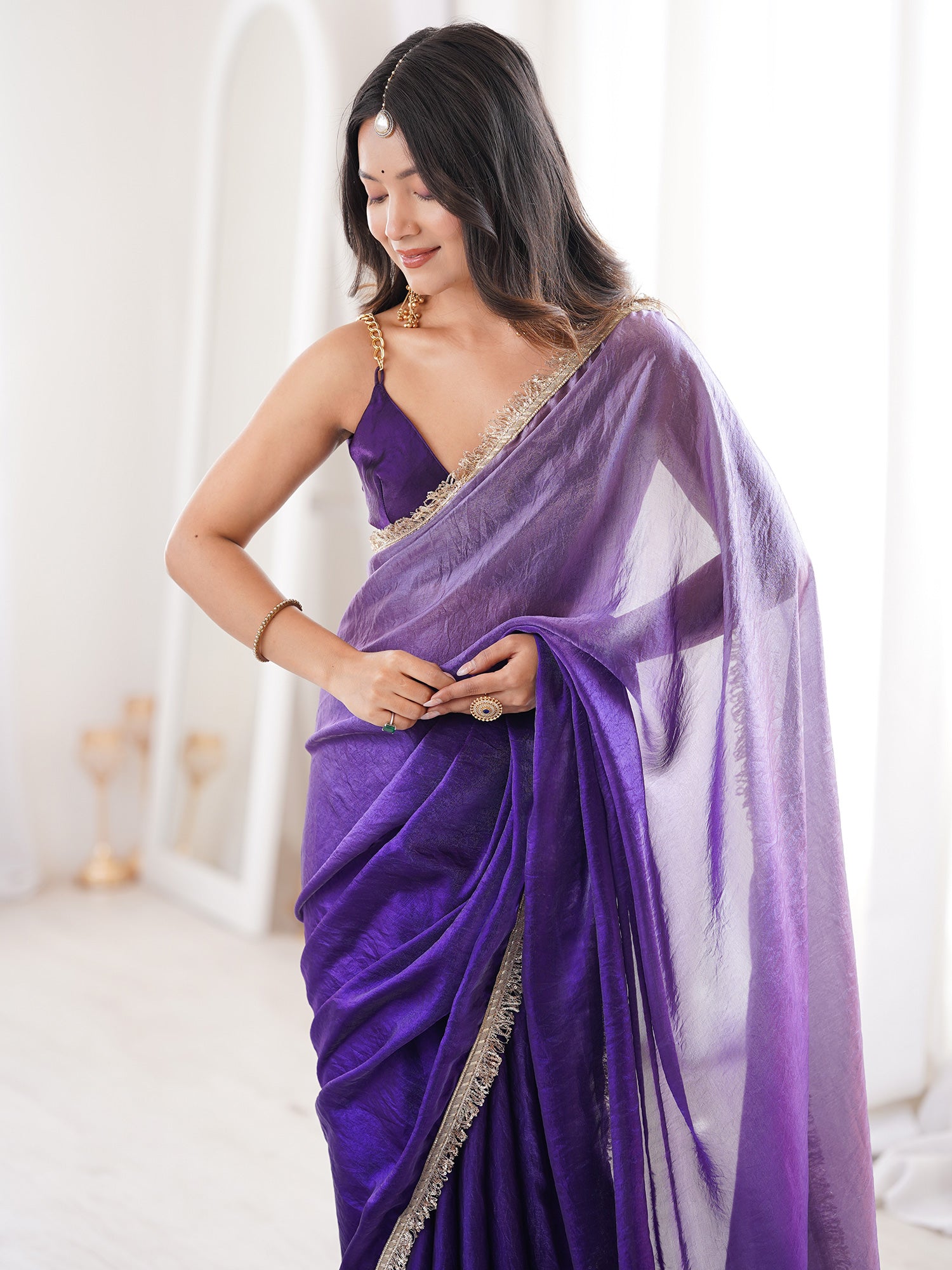Women's Satin Purple Solid Designer Saree With Blouse Piece