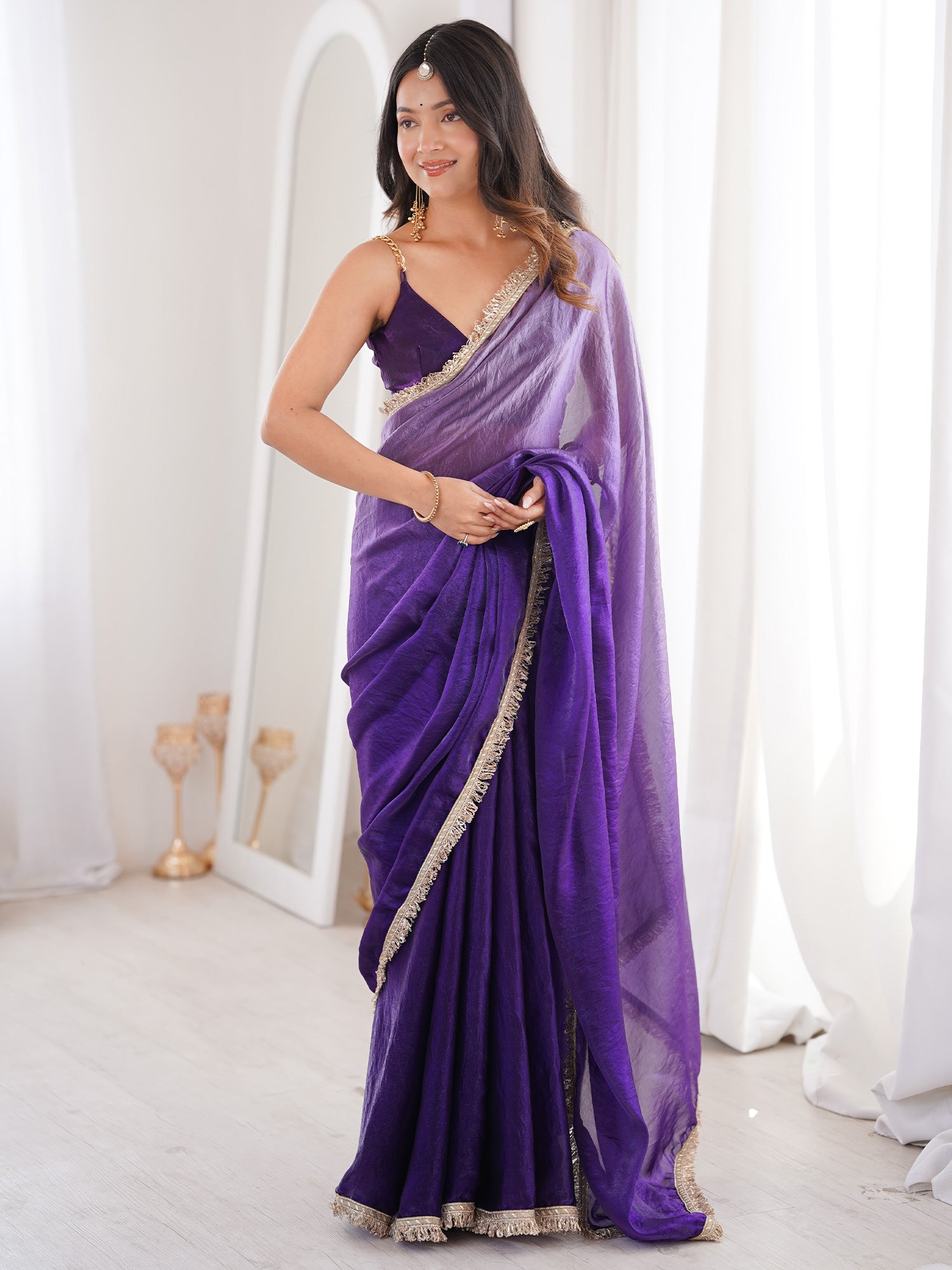 Women's Satin Purple Solid Designer Saree With Blouse Piece