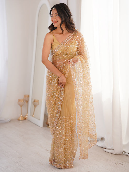 Women's Net Cream Embellished Designer Saree With Blouse Piece