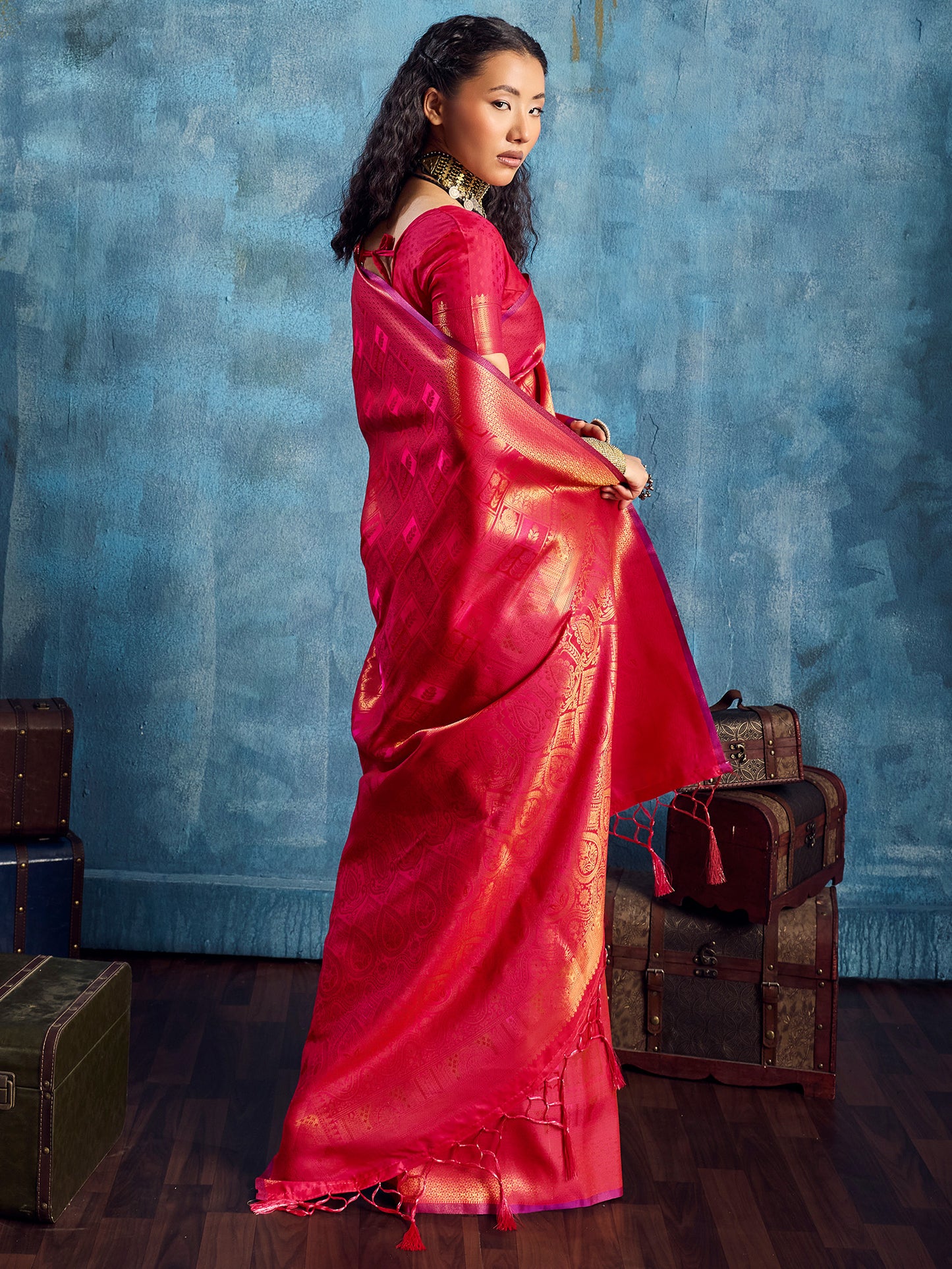 Women's Kanjeevaram Silk Red Woven Design Designer Saree With Blouse Piece