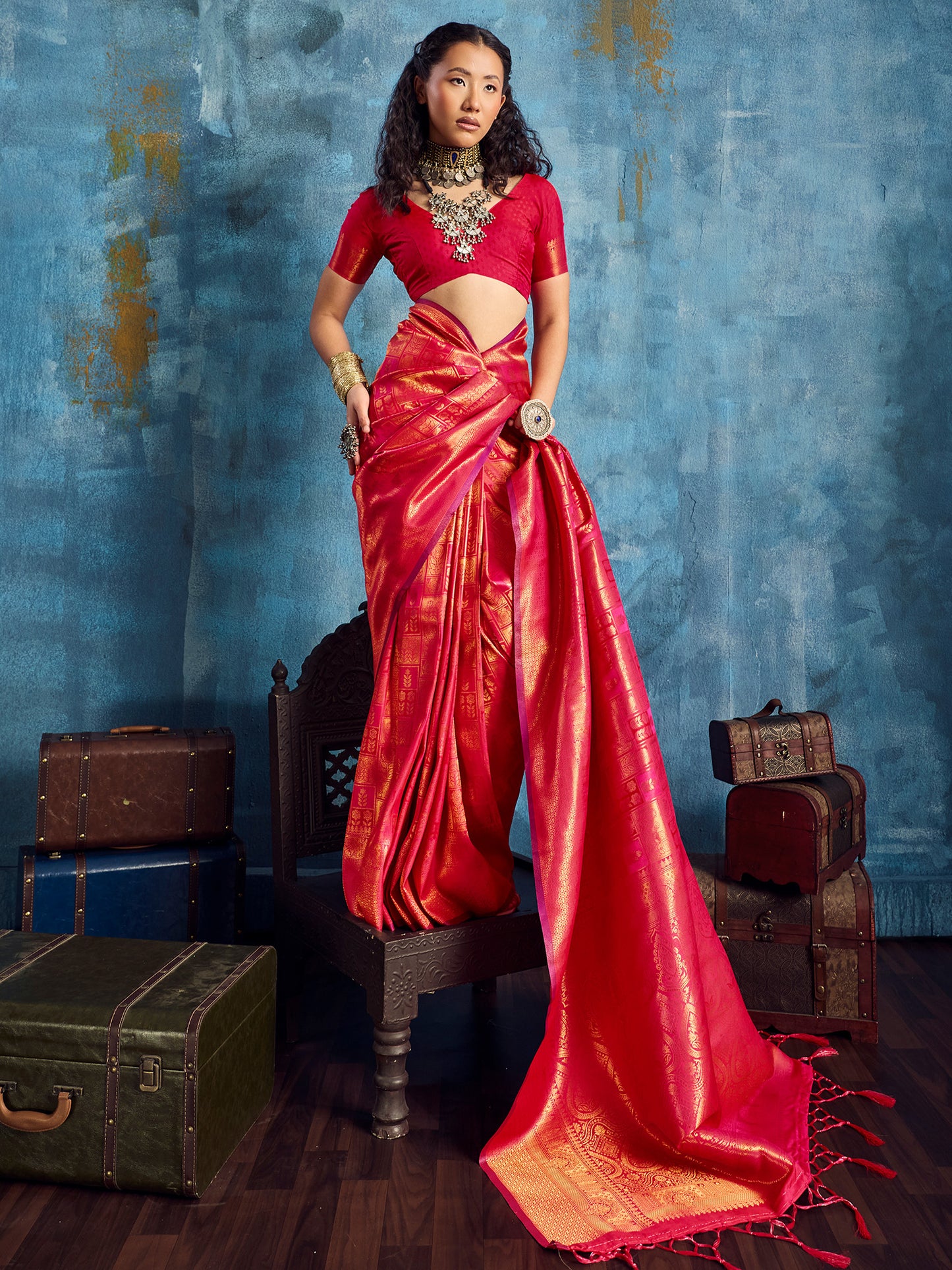 Women's Kanjeevaram Silk Red Woven Design Designer Saree With Blouse Piece