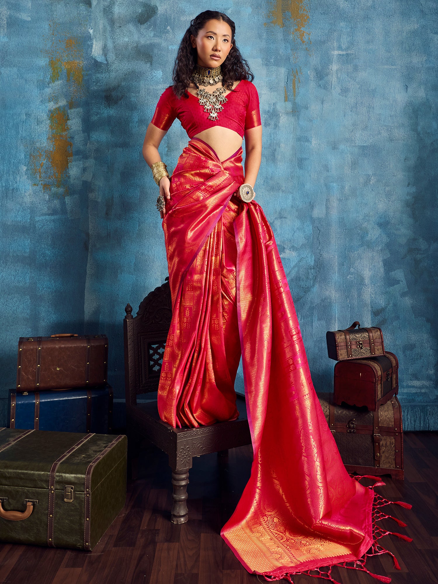 Women's Kanjeevaram Silk Red Woven Design Designer Saree With Blouse Piece