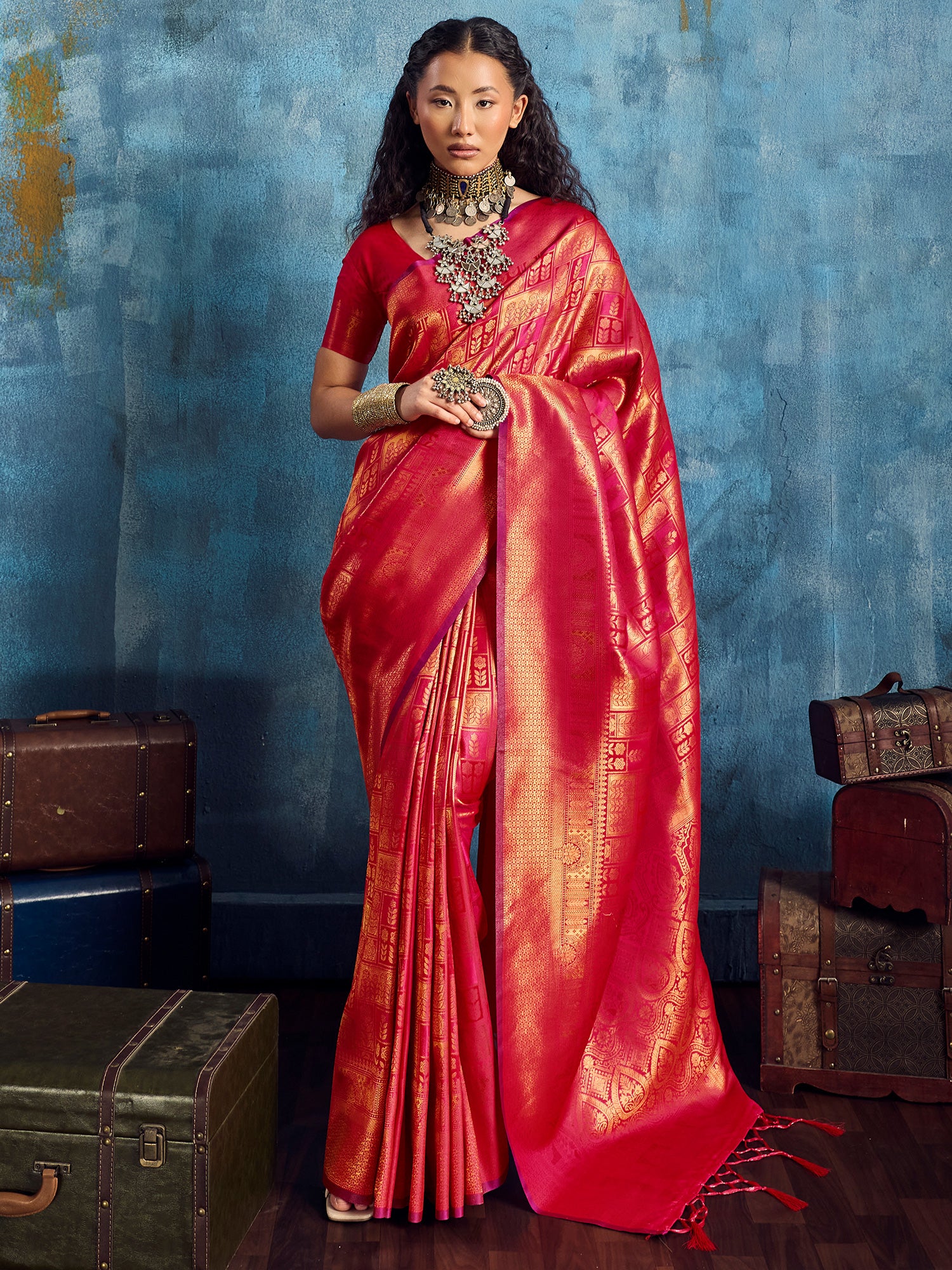 Women's Kanjeevaram Silk Red Woven Design Designer Saree With Blouse Piece