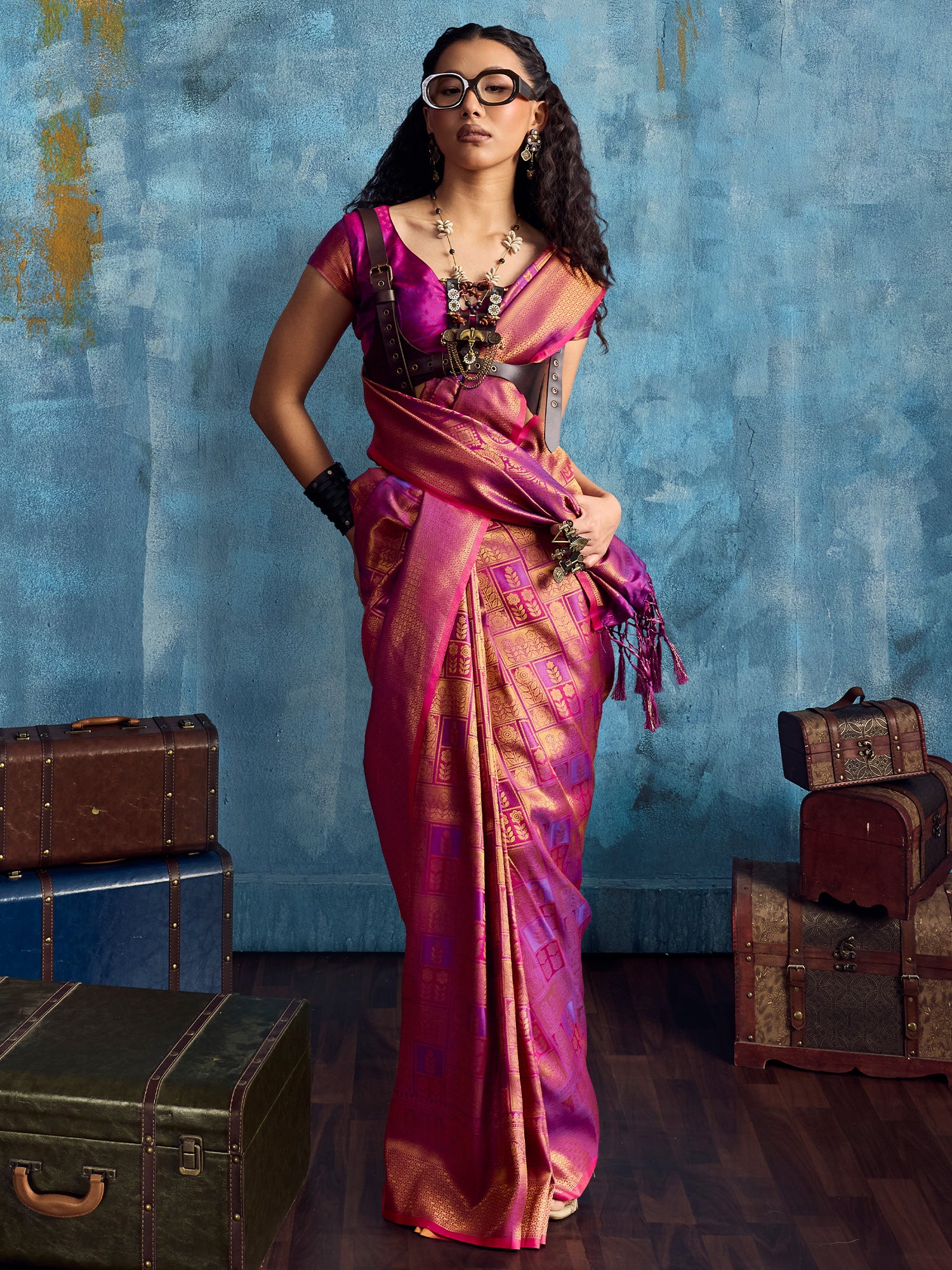 Women's Kanjeevaram Silk Magenta Woven Design Designer Saree With Blouse Piece