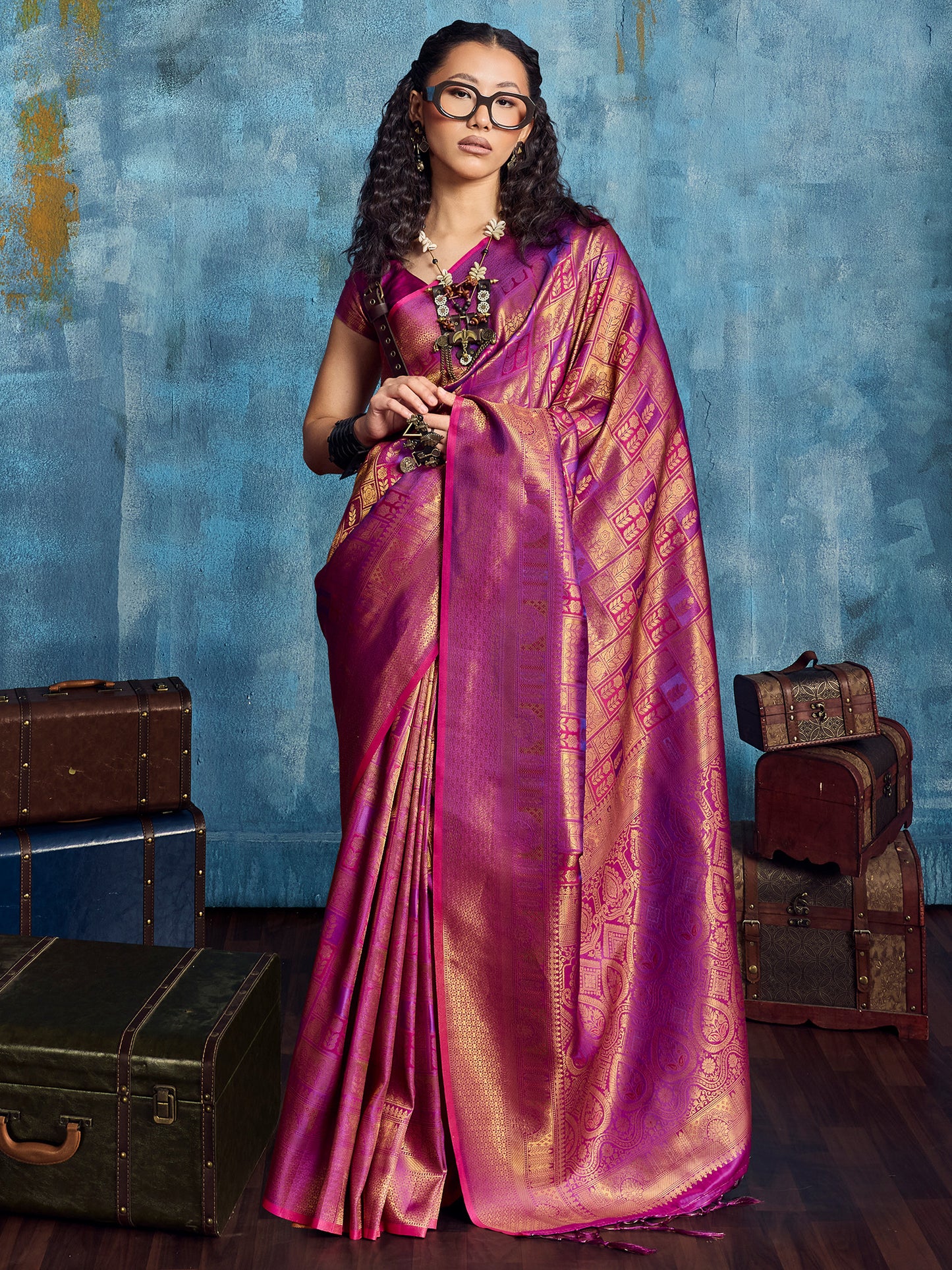 Women's Kanjeevaram Silk Magenta Woven Design Designer Saree With Blouse Piece
