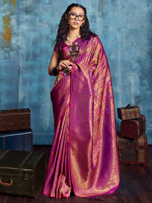 Women's Kanjeevaram Silk Magenta Woven Design Designer Saree With Blouse Piece