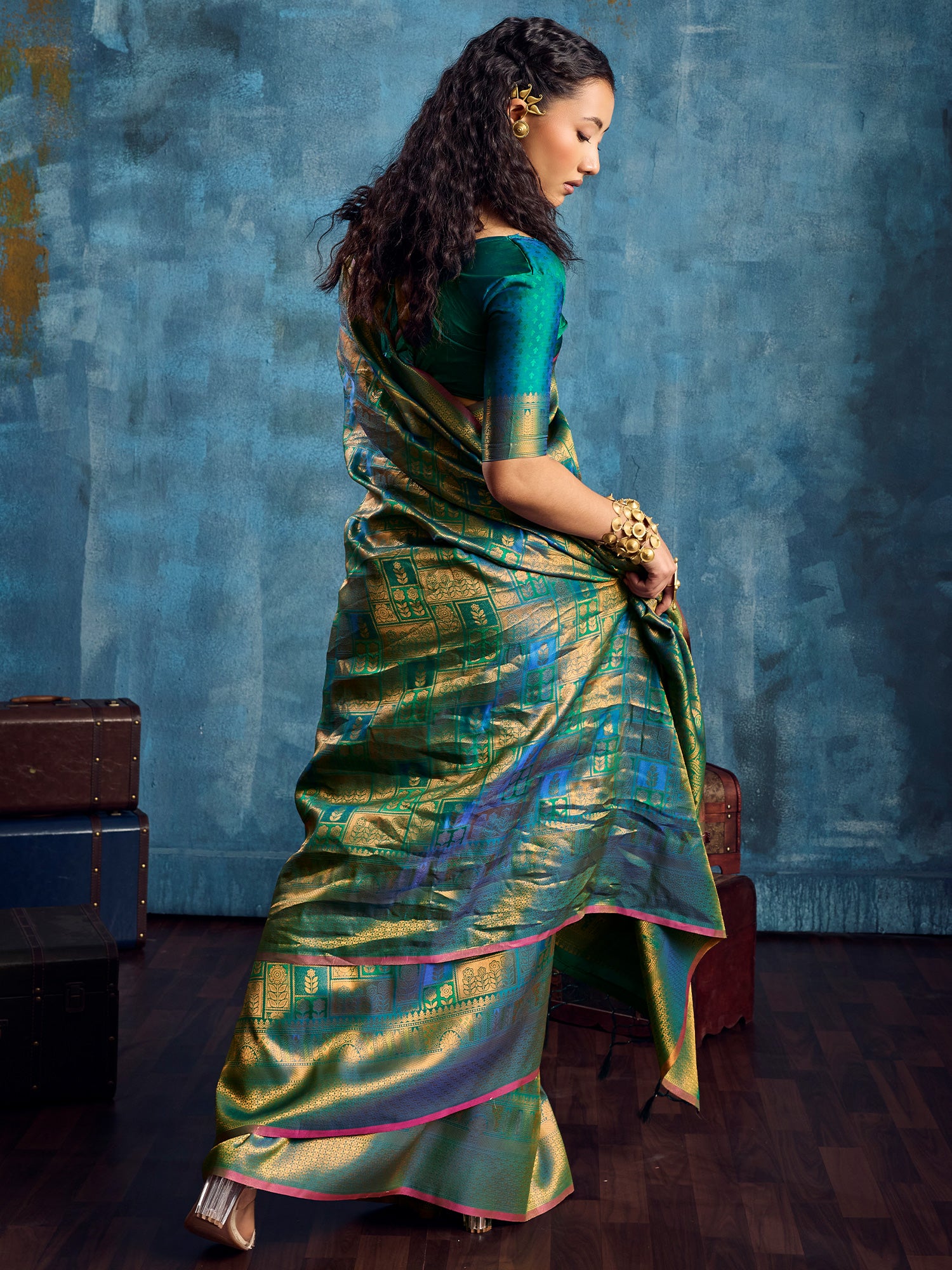 Women's Kanjeevaram Silk Teal blue Woven Design Designer Saree With Blouse Piece