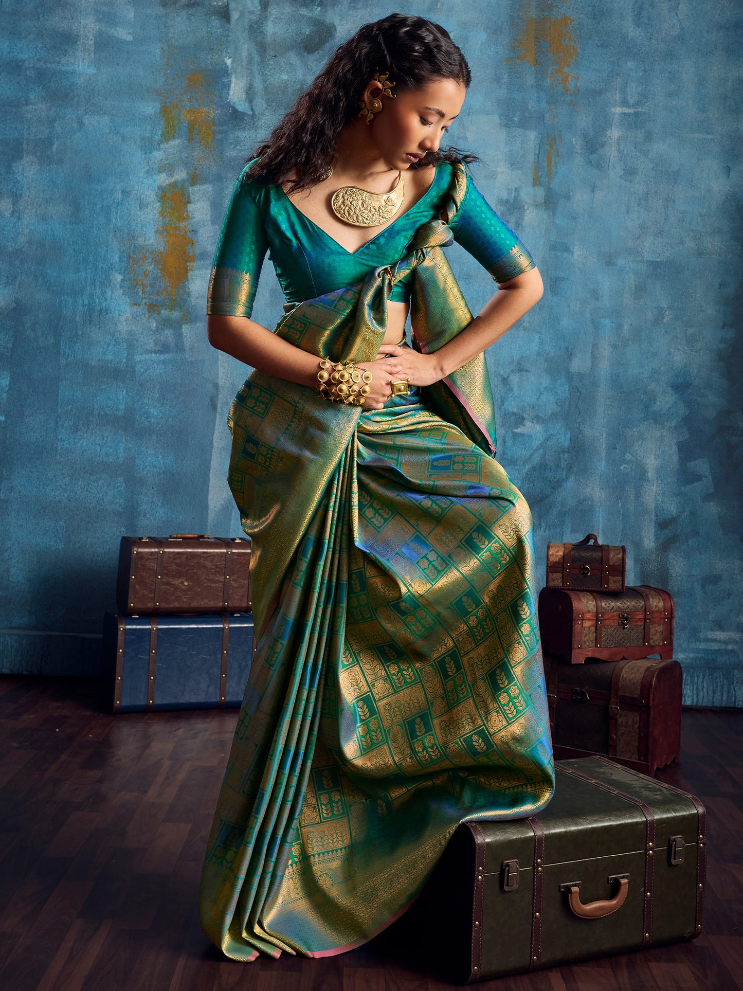 Women's Kanjeevaram Silk Teal blue Woven Design Designer Saree With Blouse Piece