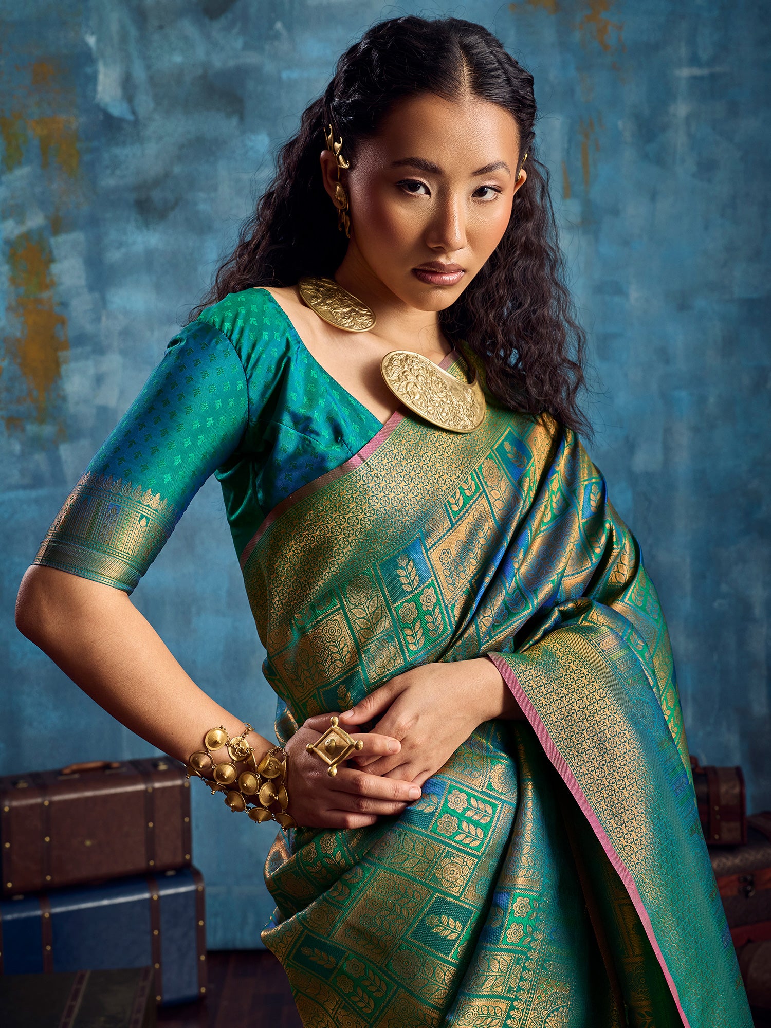 Women's Kanjeevaram Silk Teal blue Woven Design Designer Saree With Blouse Piece