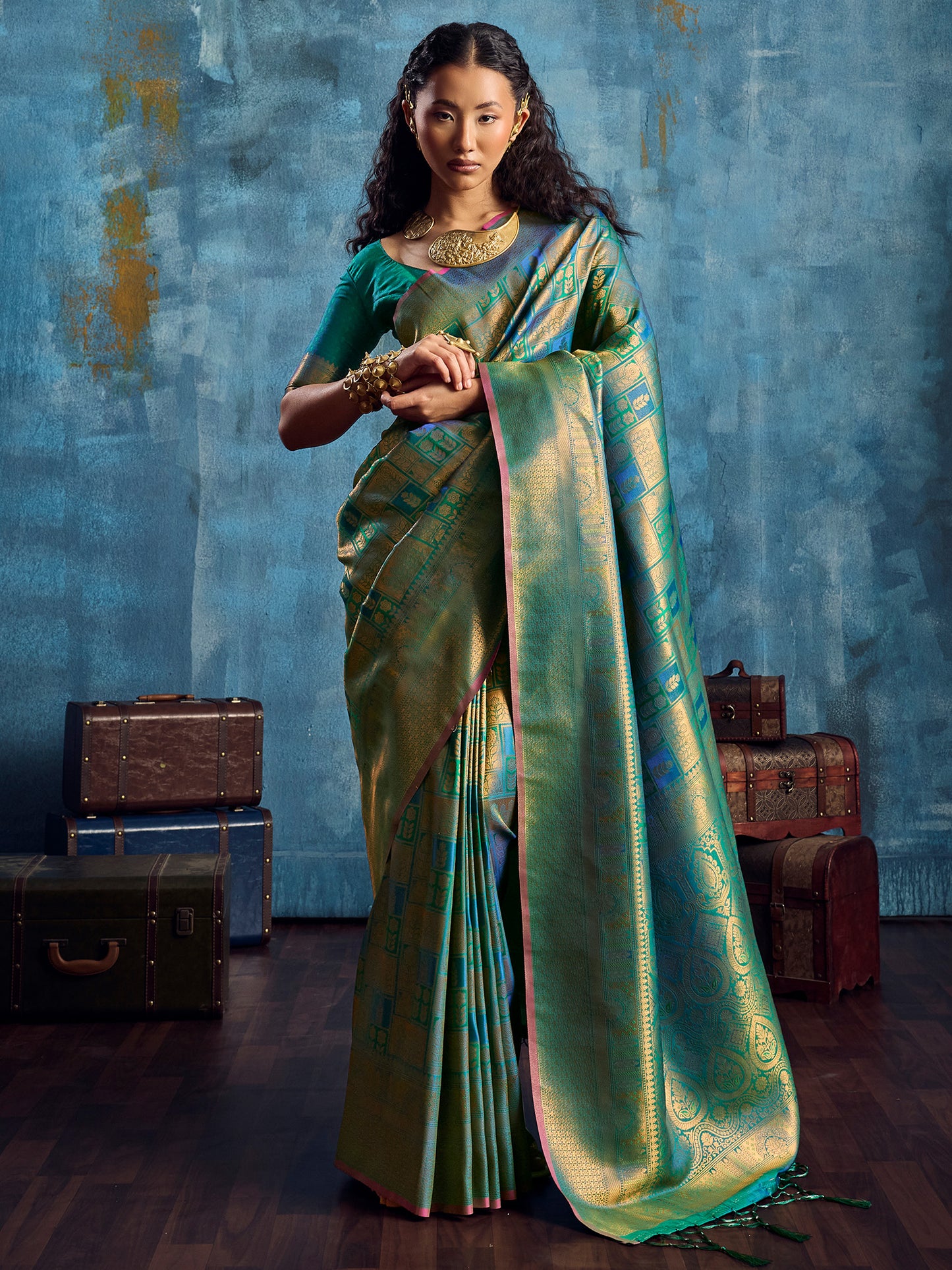 Women's Kanjeevaram Silk Teal blue Woven Design Designer Saree With Blouse Piece