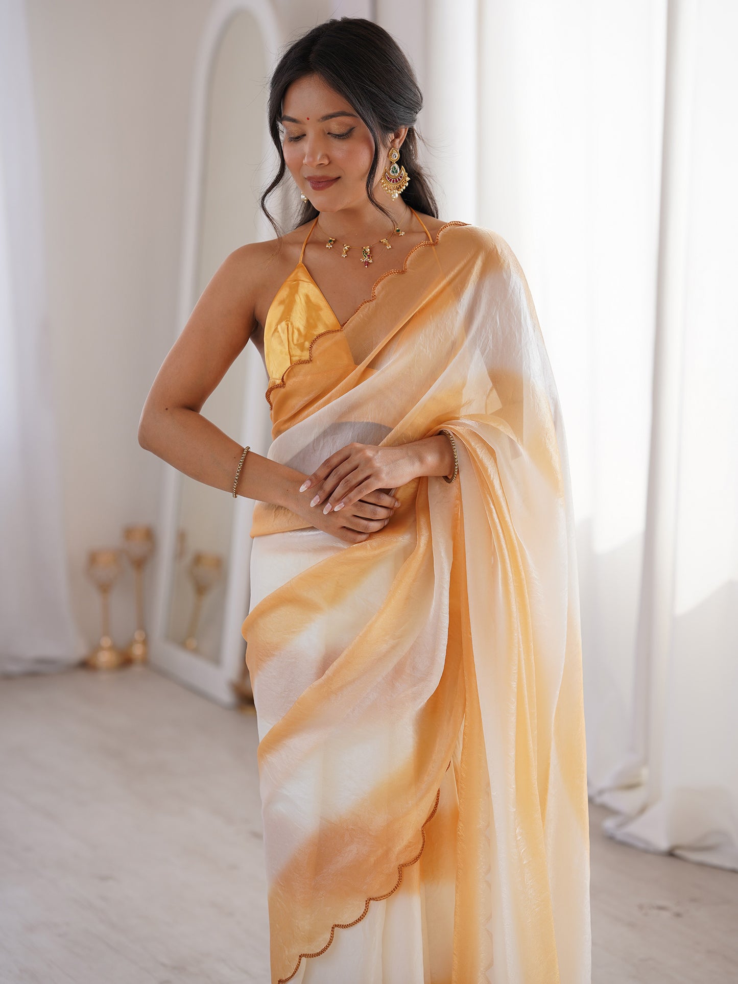 Women's Satin Mustard Solid Designer Saree With Blouse Piece