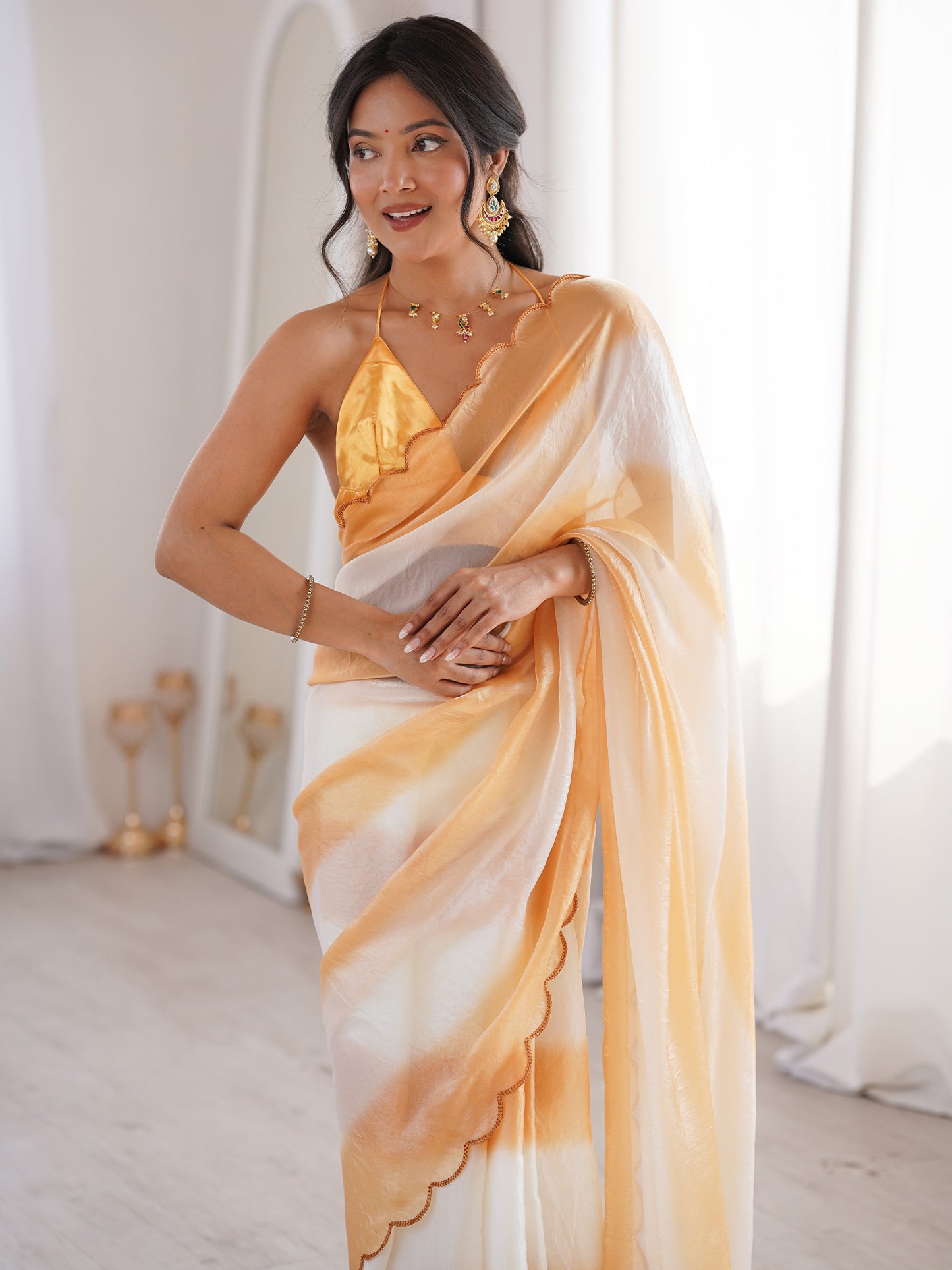 Women's Satin Mustard Solid Designer Saree With Blouse Piece