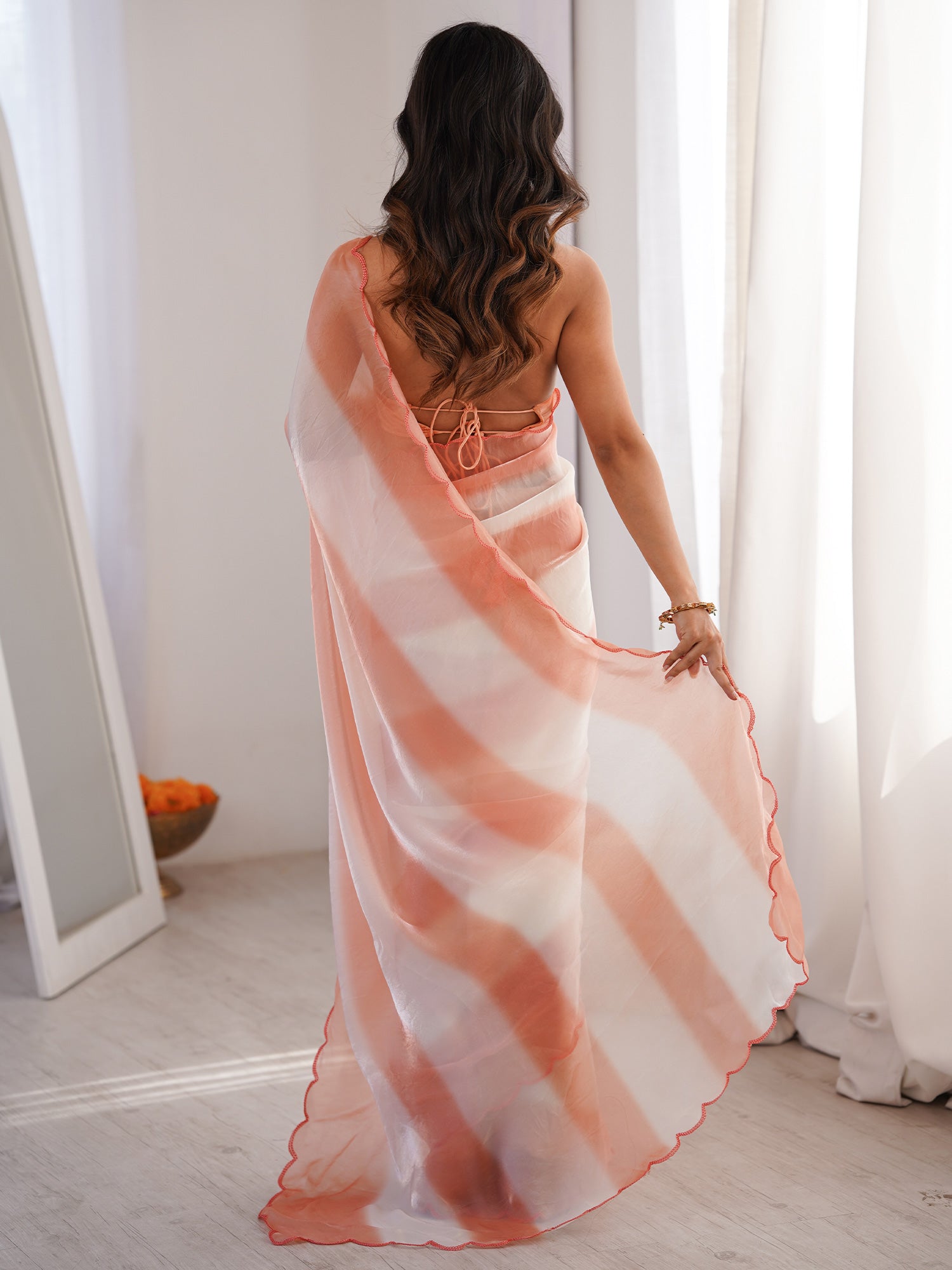 Women's Satin Peach Solid Designer Saree With Blouse Piece