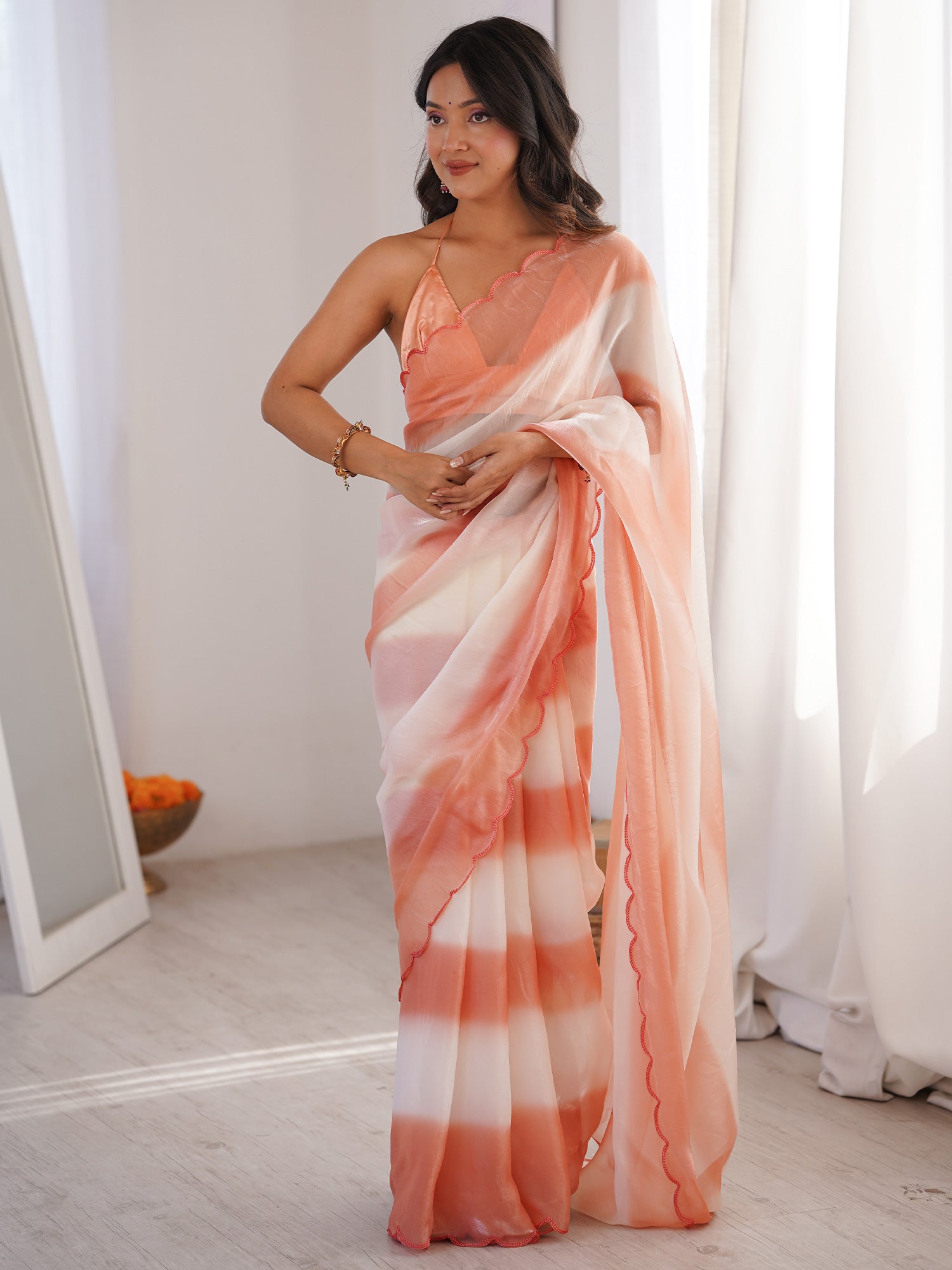 Women's Satin Peach Solid Designer Saree With Blouse Piece
