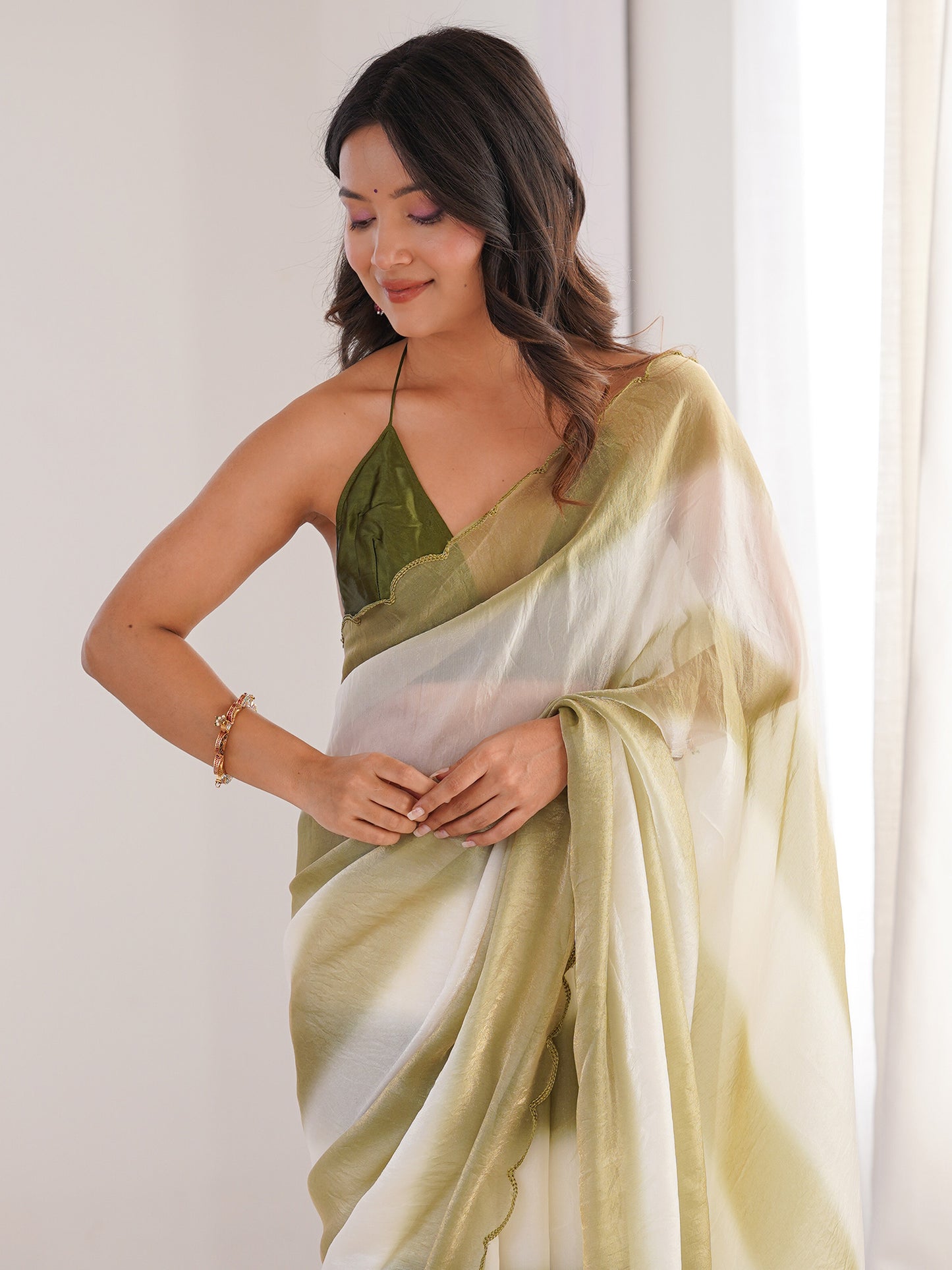 Women's Satin Olive Solid Designer Saree With Blouse Piece