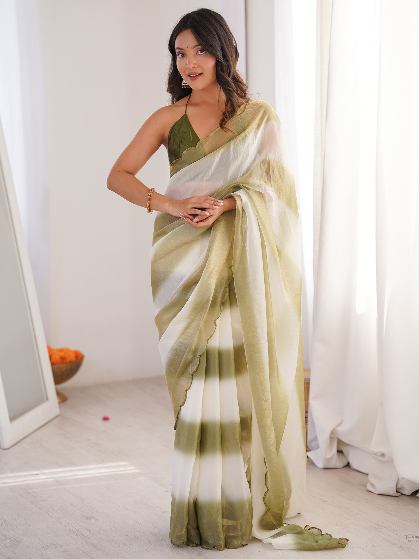 Women's Satin Olive Solid Designer Saree With Blouse Piece