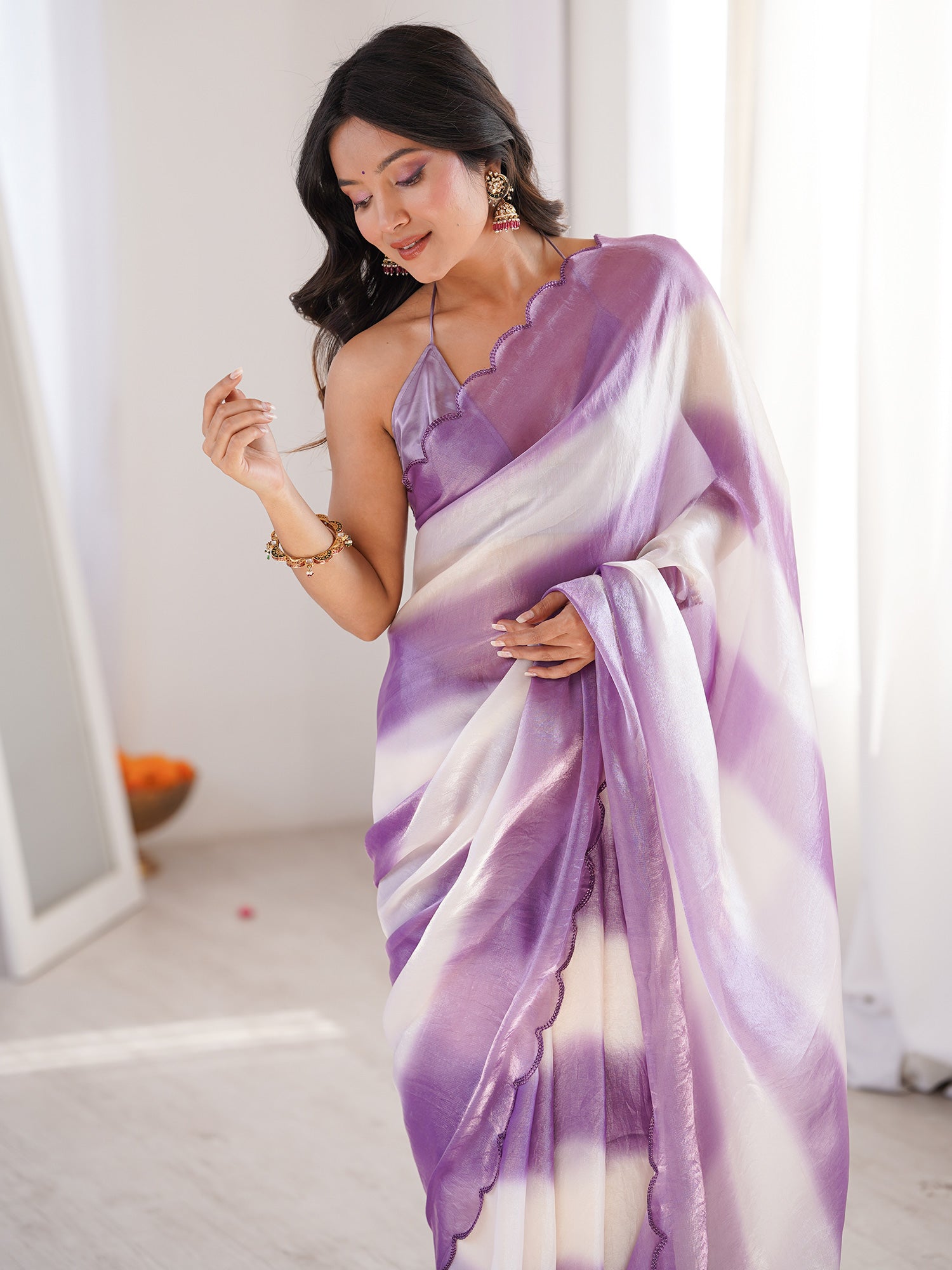 Women's Satin Lavender Solid Designer Saree With Blouse Piece