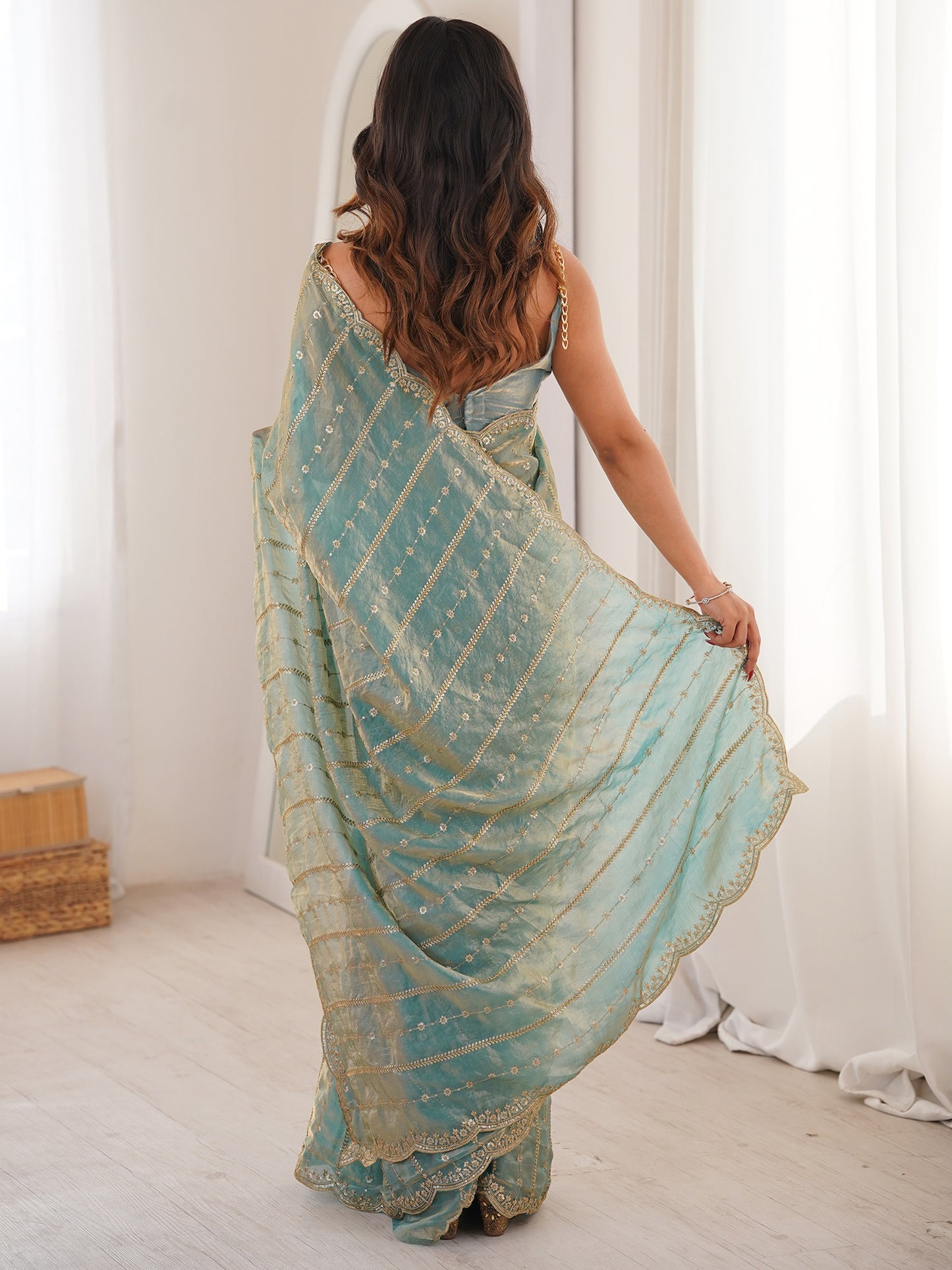 Women's Satin Light Blue Embellished Designer Saree With Blouse Piece