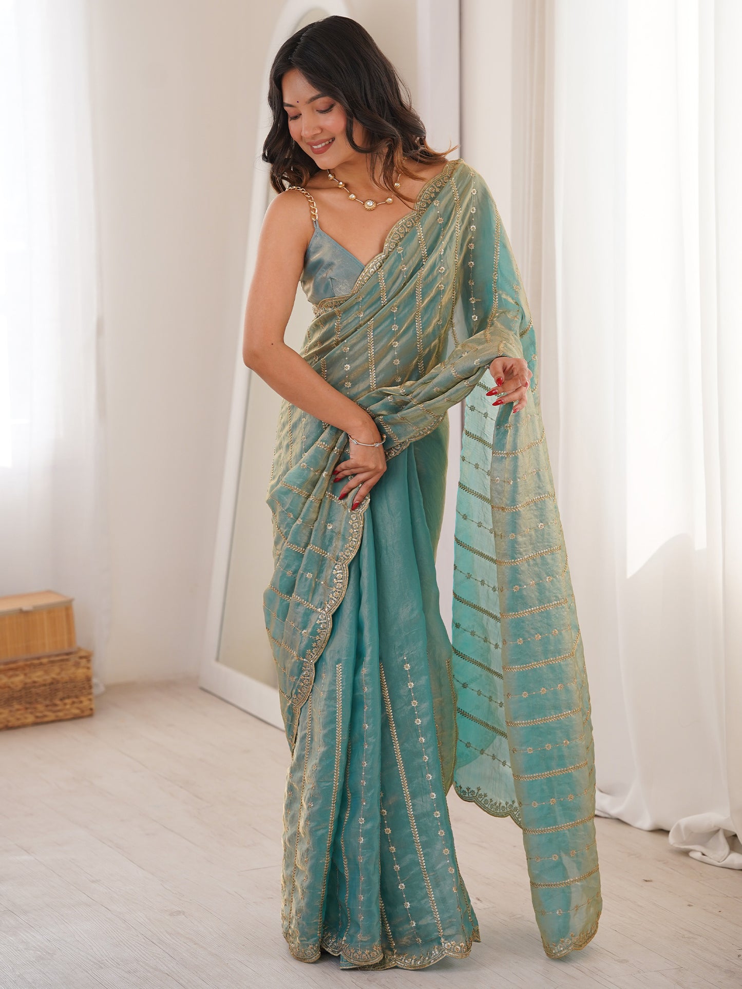 Women's Satin Light Blue Embellished Designer Saree With Blouse Piece