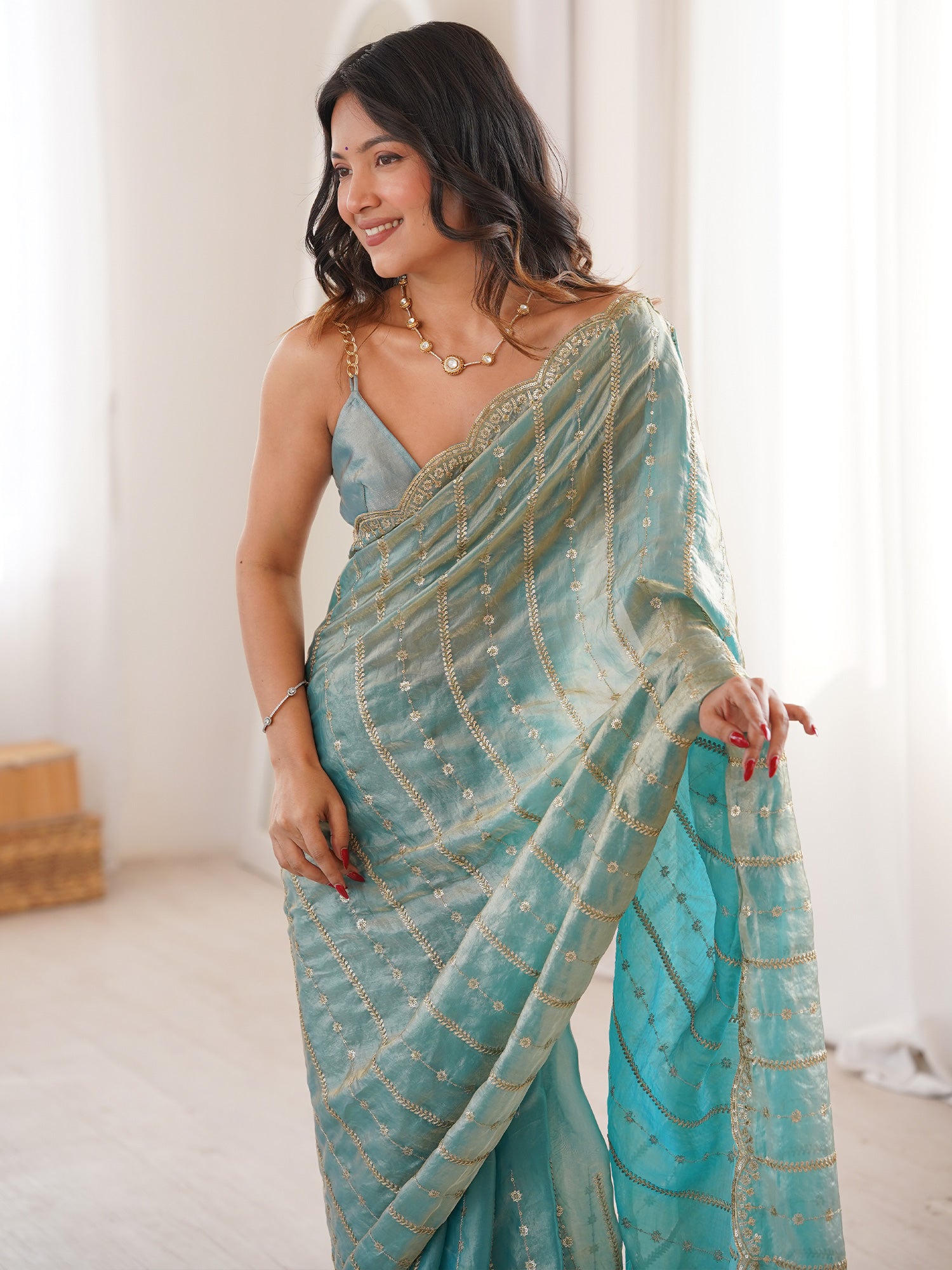 Women's Satin Light Blue Embellished Designer Saree With Blouse Piece