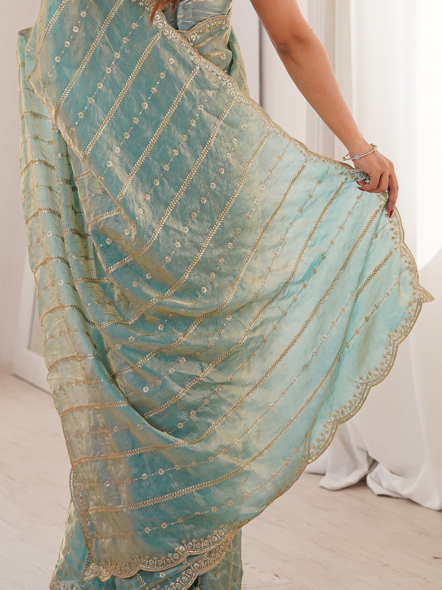 Women's Satin Light Blue Embellished Designer Saree With Blouse Piece